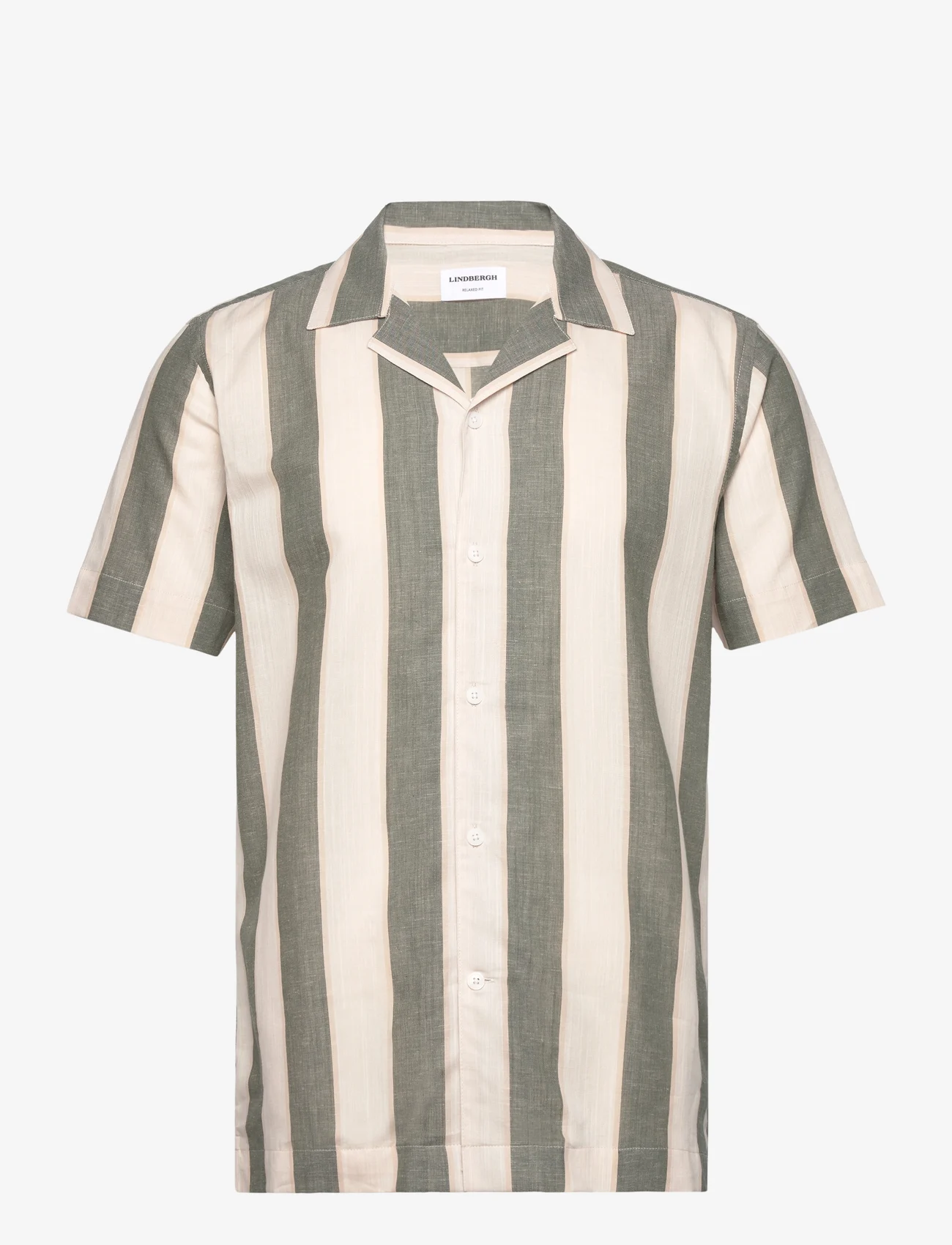 Lindbergh - Striped linen/cotton shirt S/S - kortærmede skjorter - army - 0