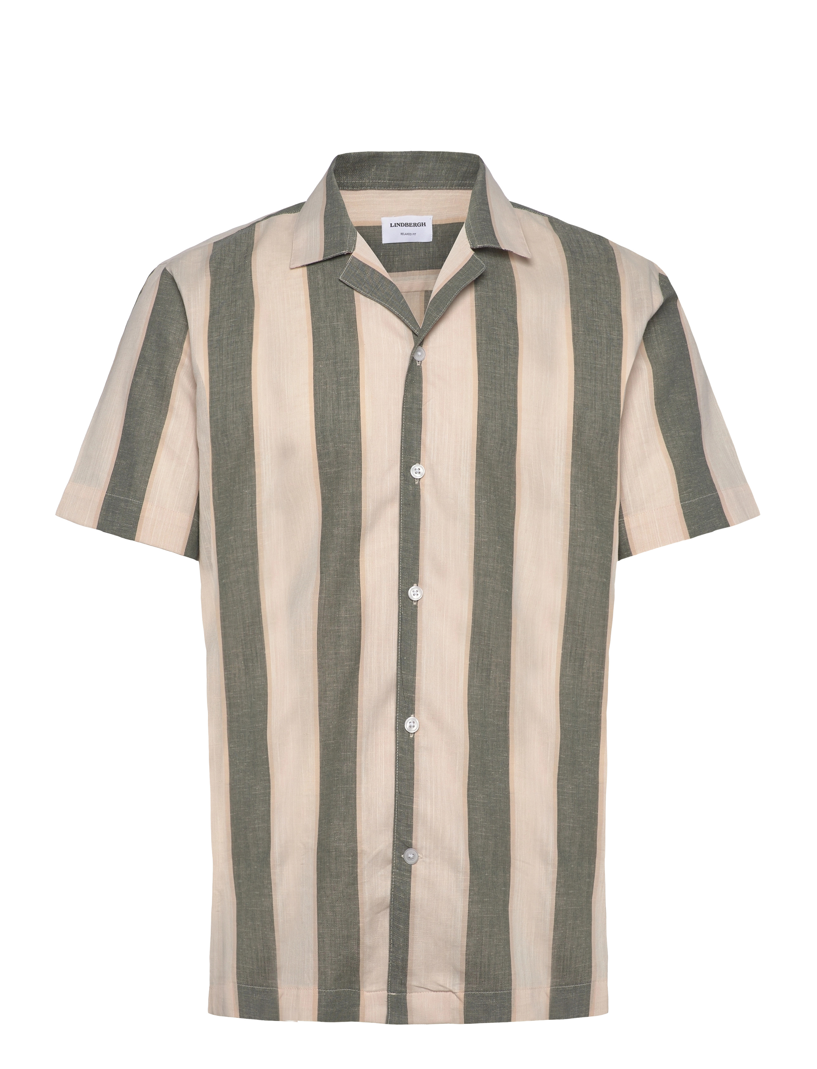 Lindbergh Striped linen/cotton shirt S/S - Särgid - ARMY / multi