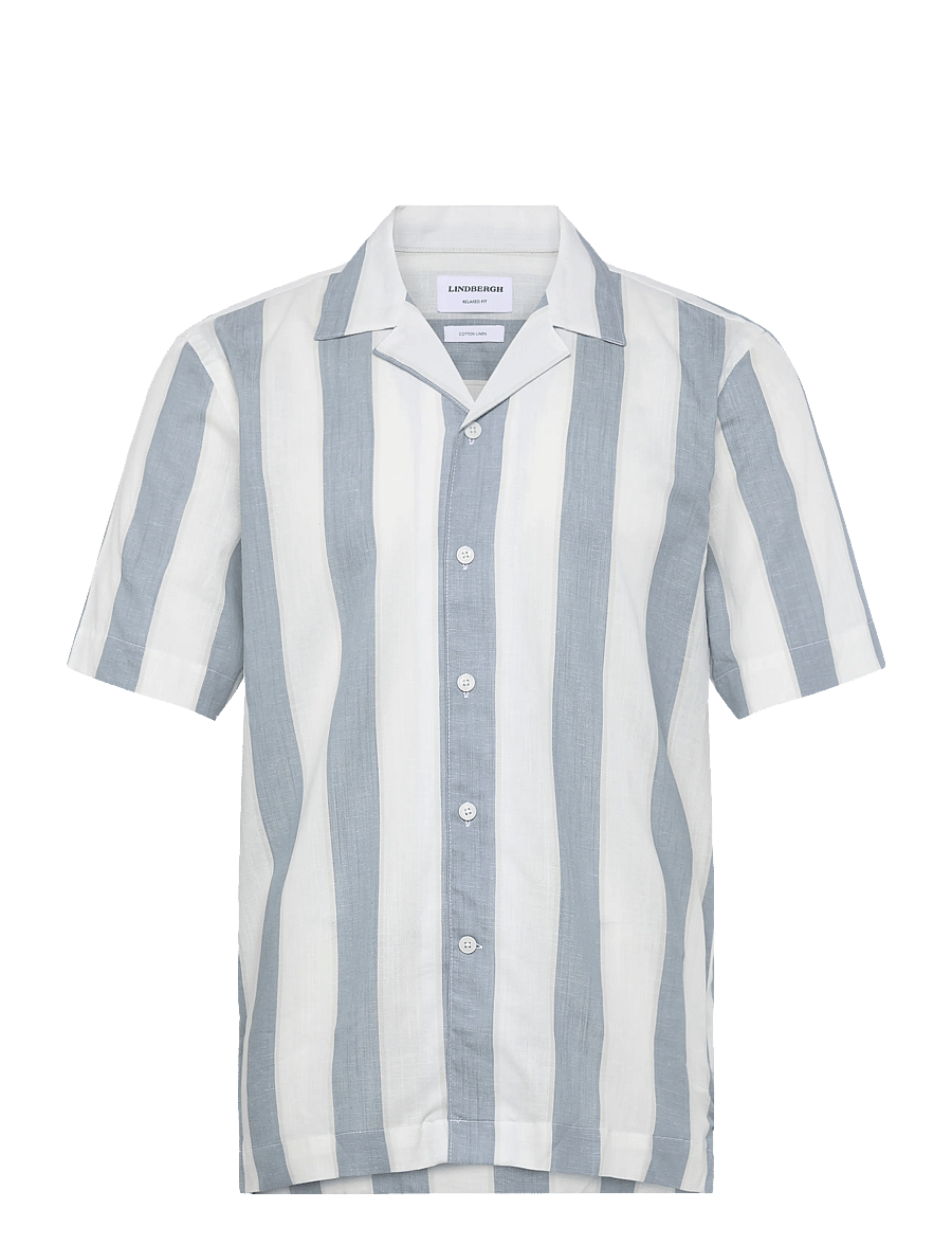 Lindbergh - Striped linen/cotton shirt S/SStriped linen/cotton shirt S/S - hørskjorter - dk aqua - 1
