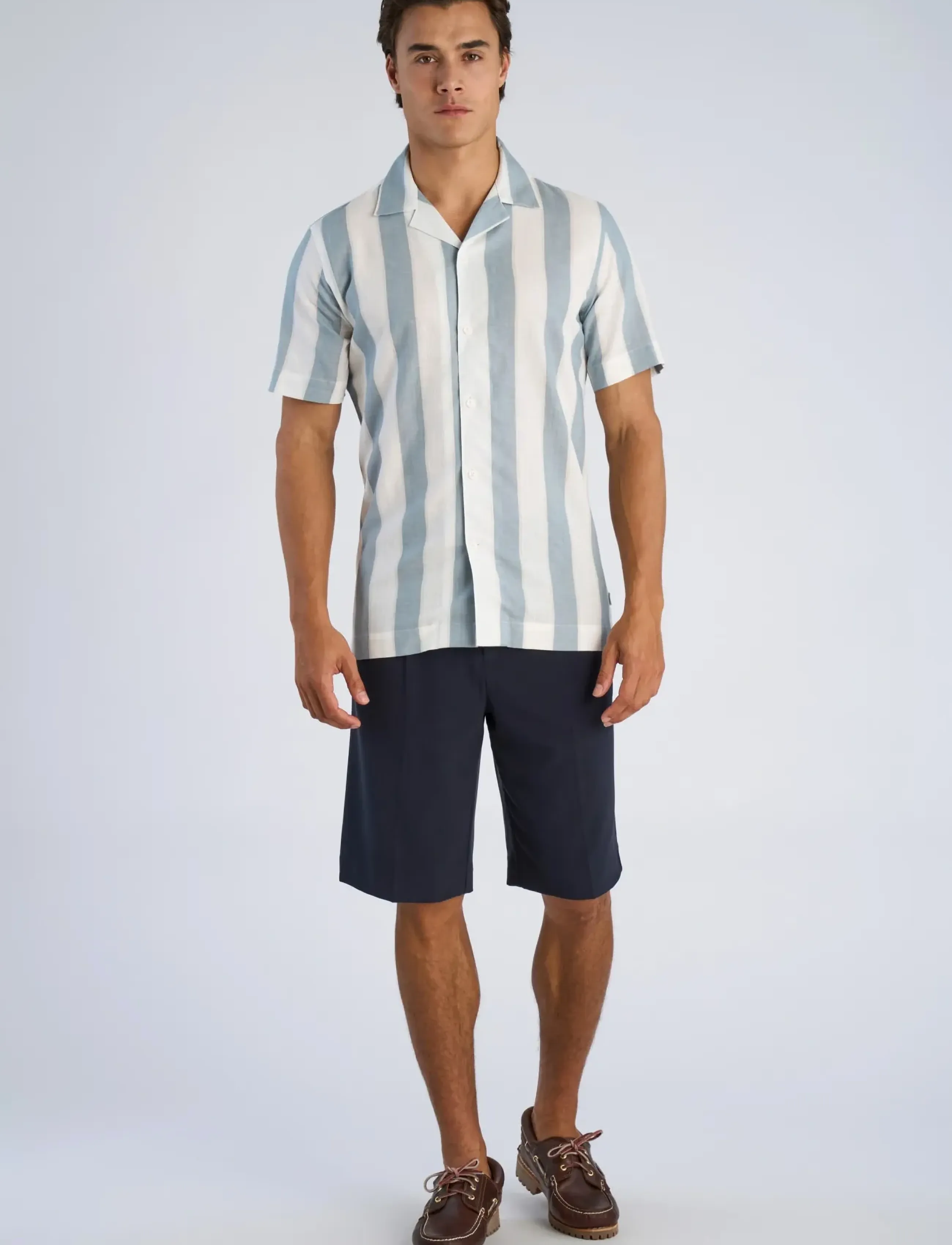 Lindbergh Striped linen/cotton shirt S/S - Skjorter - DK AQUA / multi