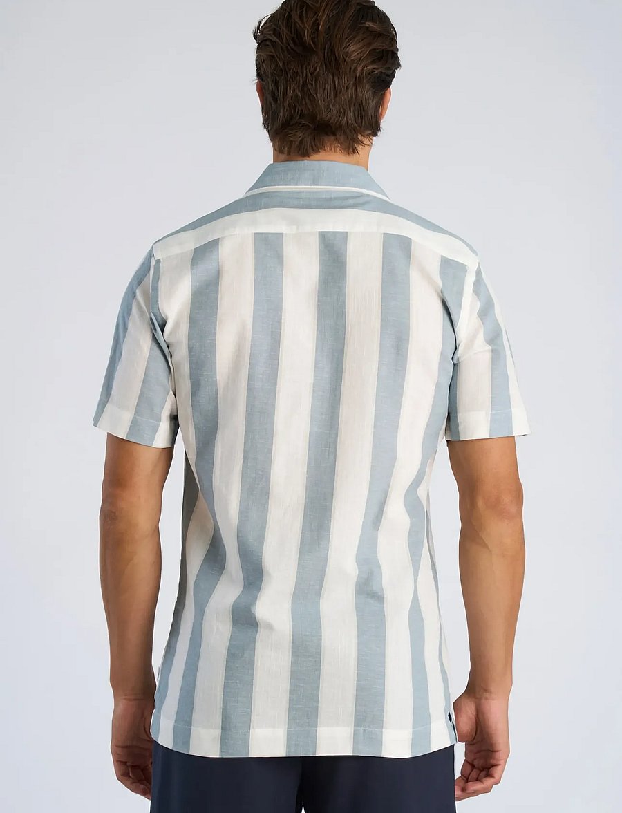 Lindbergh - Striped linen/cotton shirt S/SStriped linen/cotton shirt S/S - hørskjorter - dk aqua - 4