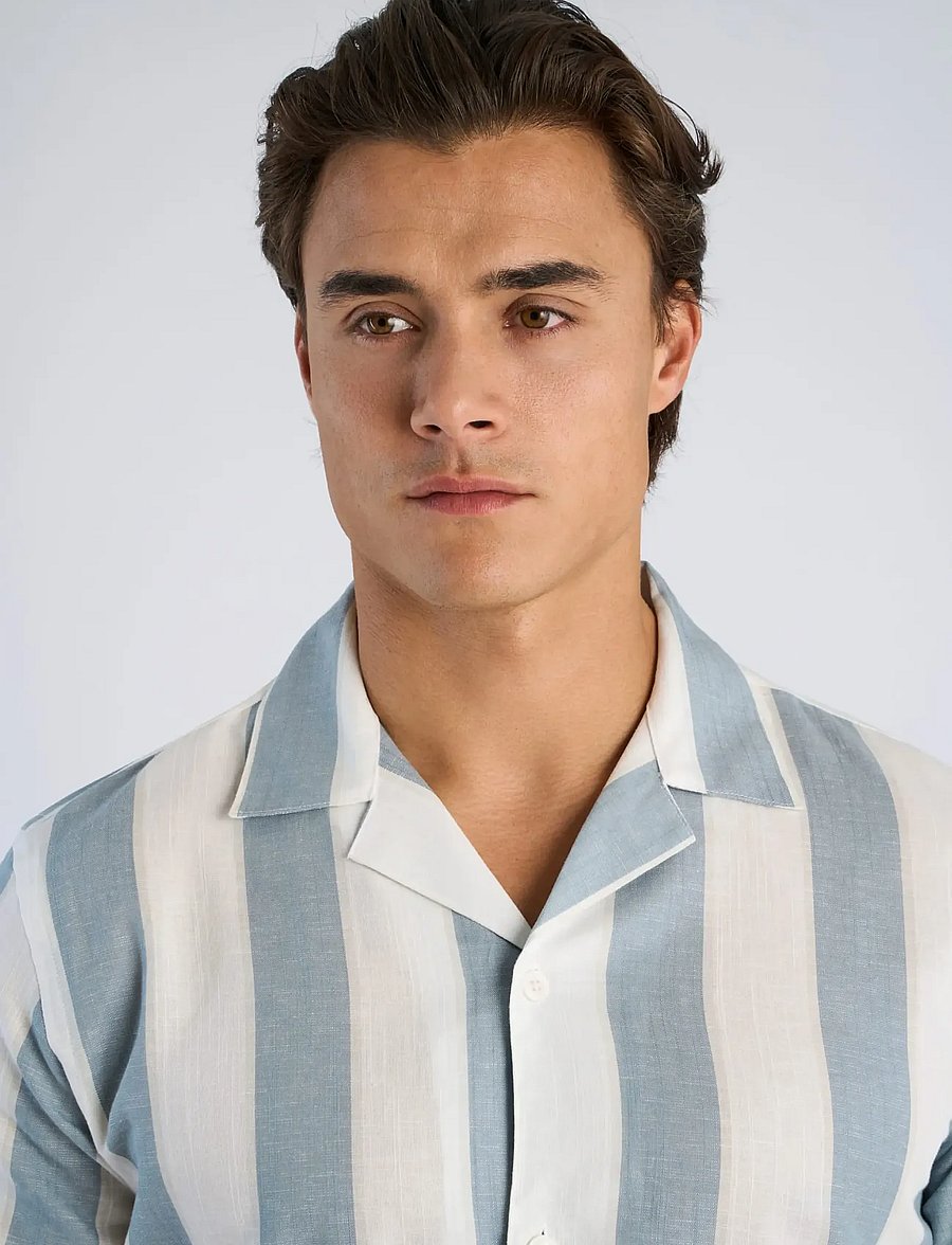 Lindbergh - Striped linen/cotton shirt S/SStriped linen/cotton shirt S/S - hørskjorter - dk aqua - 5