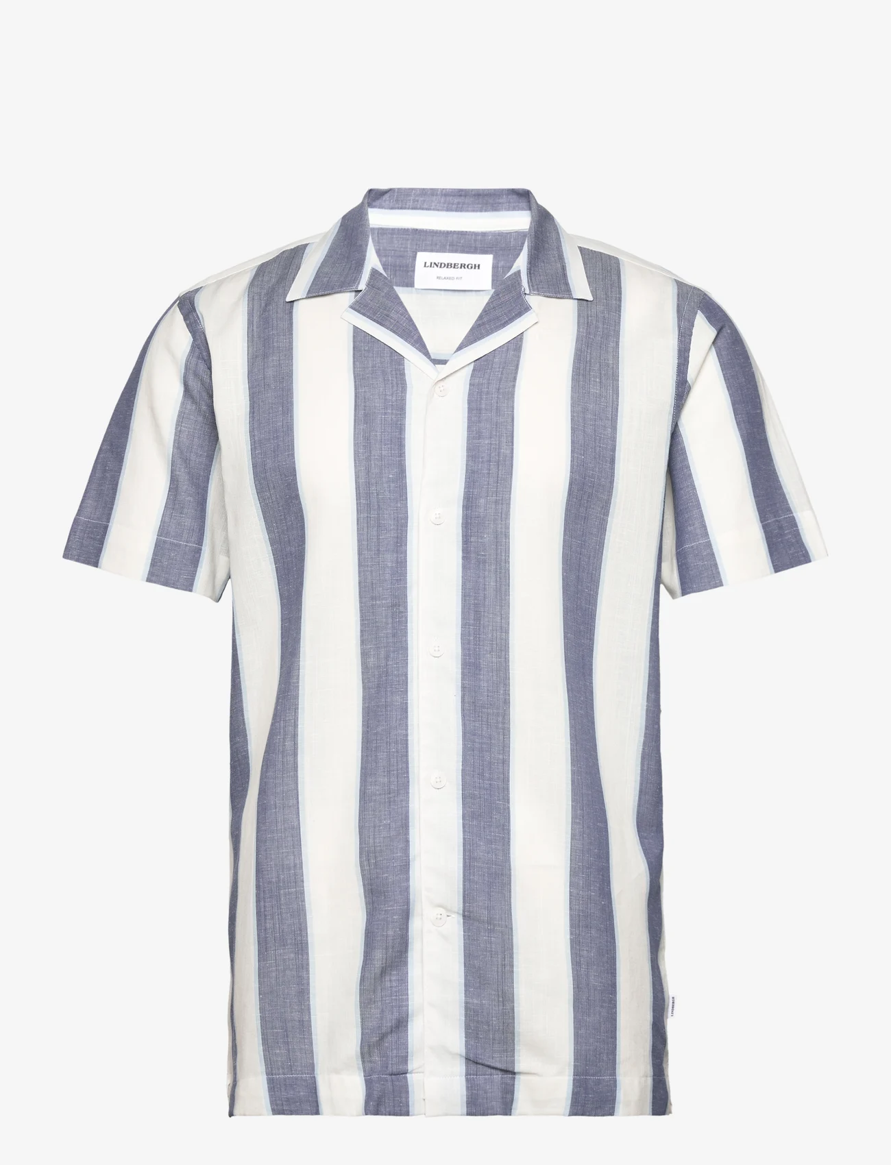 Lindbergh - Striped linen/cotton shirt S/S - short-sleeved shirts - dk blue - 0