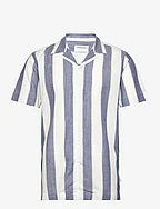 Striped linen/cotton shirt S/S - DK BLUE