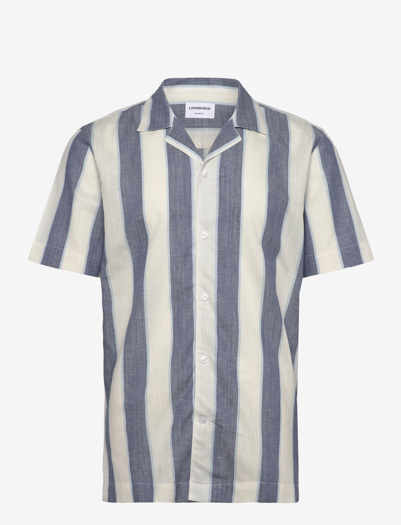 Lindbergh - Striped linen/cotton shirt S/S - hørskjorter - dk blue - 0