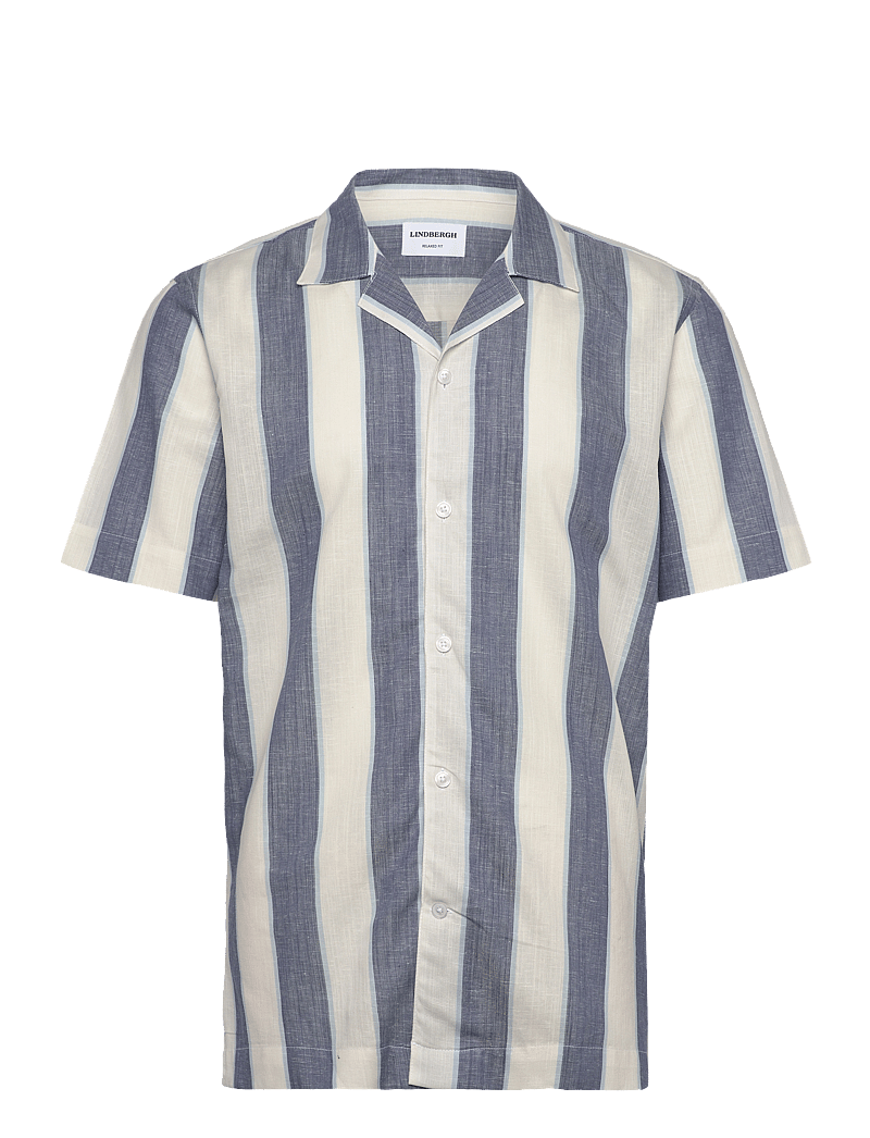 Lindbergh - Striped linen/cotton shirt S/S - hørskjorter - dk blue - 0