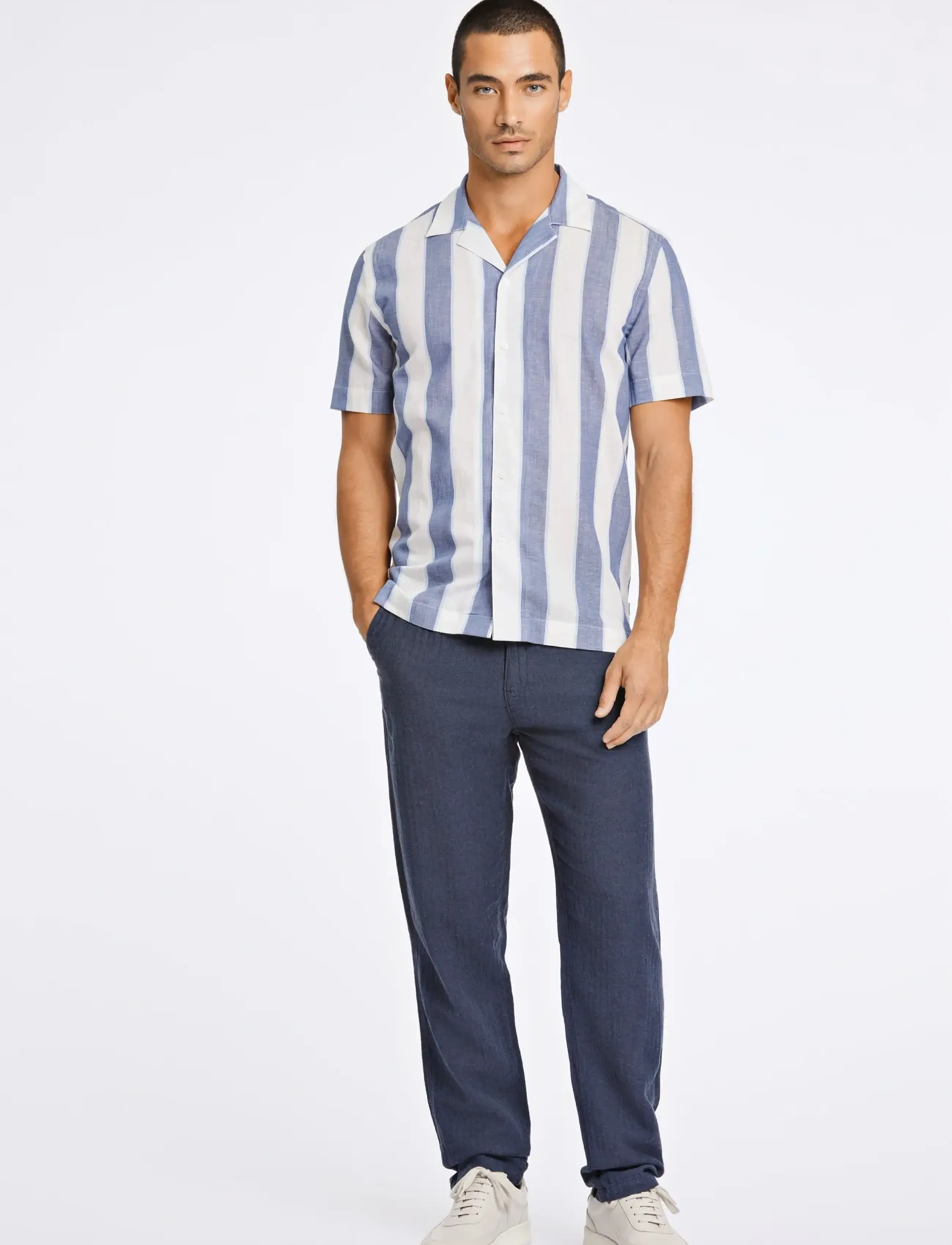 Lindbergh Striped linen/cotton shirt S/S - Deals - DK BLUE / multi