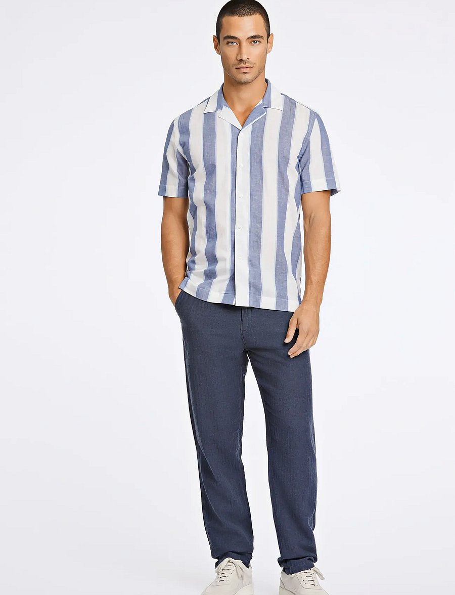 Lindbergh - Striped linen/cotton shirt S/S - leinenhemden - dk blue - 0