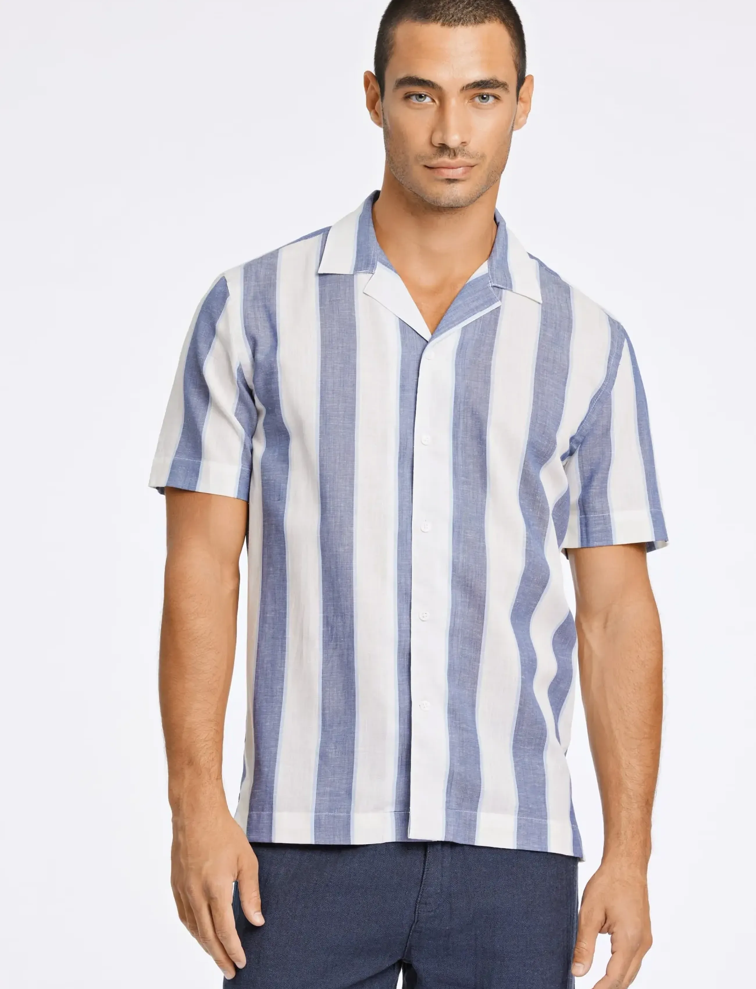 Lindbergh - Striped linen/cotton shirt S/S - leinenhemden - dk blue - 5