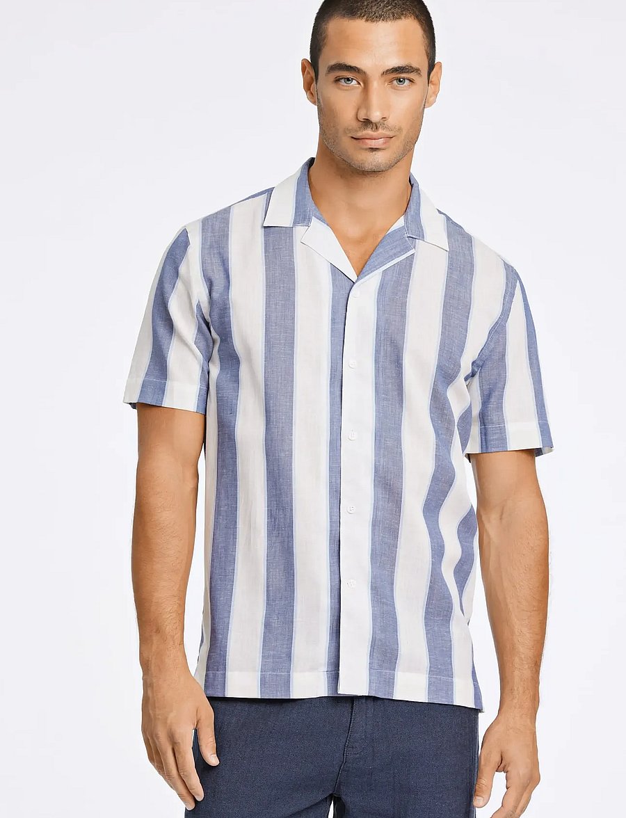 Lindbergh - Striped linen/cotton shirt S/S - leinenhemden - dk blue - 5