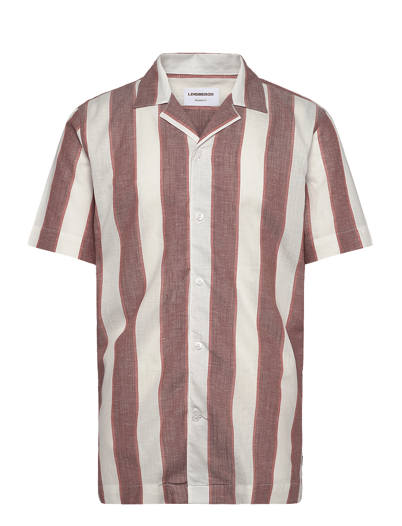 Lindbergh - Striped linen/cotton shirt S/S - hørskjorter - dk clay - 0
