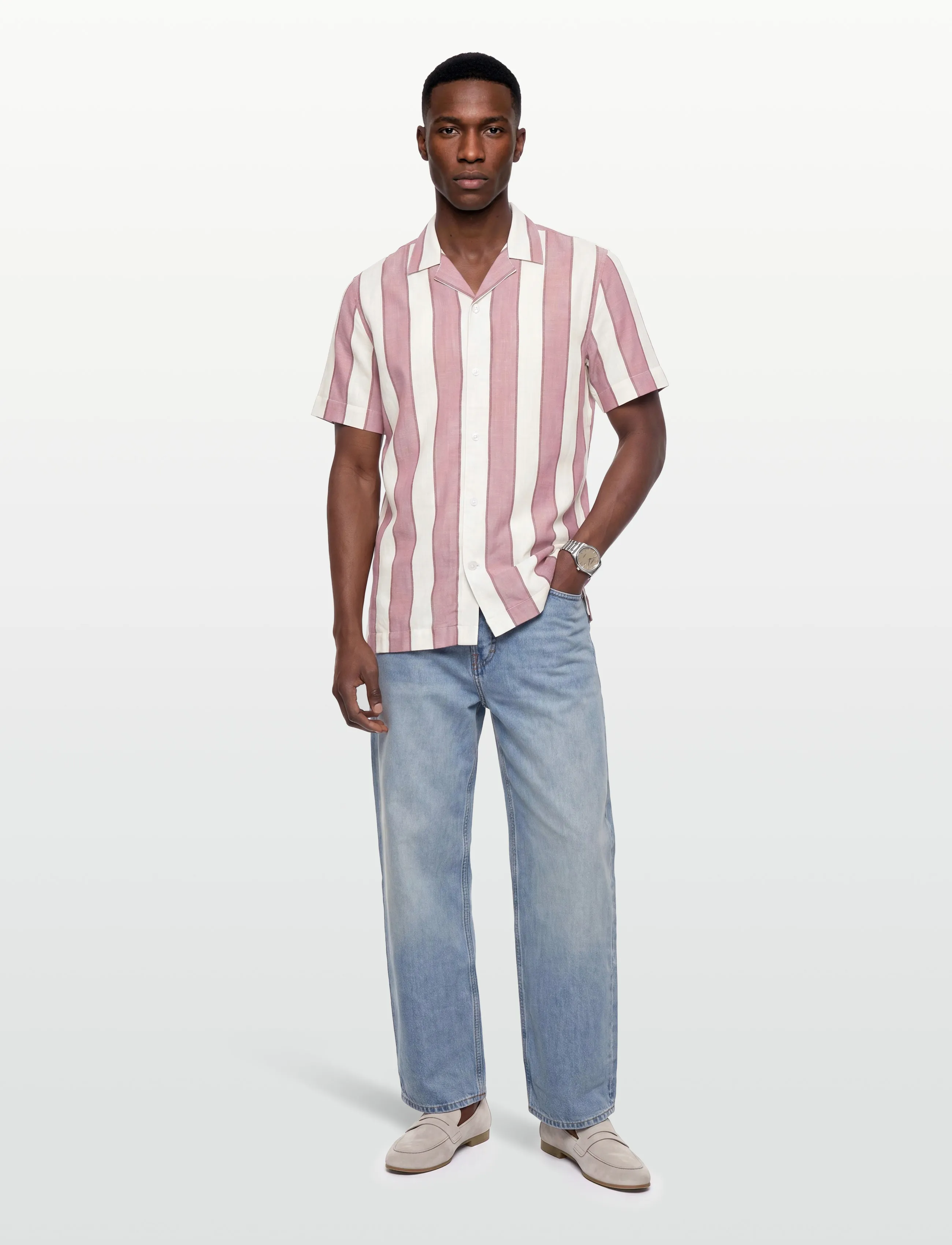 Lindbergh Striped linen/cotton shirt S/S - Skjortor - DUSTY ROSE / multi
