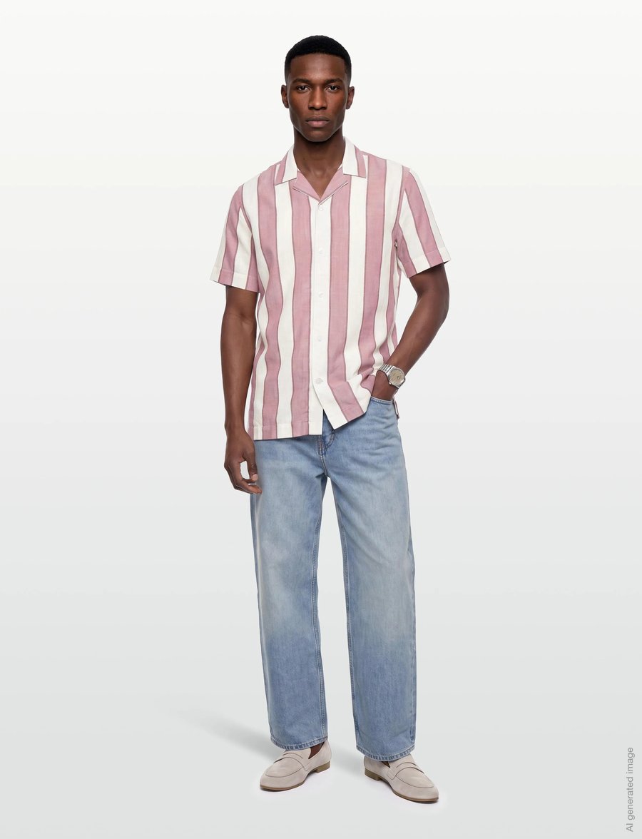 Lindbergh - Striped linen/cotton shirt S/S - linneskjortor - dusty rose - 0