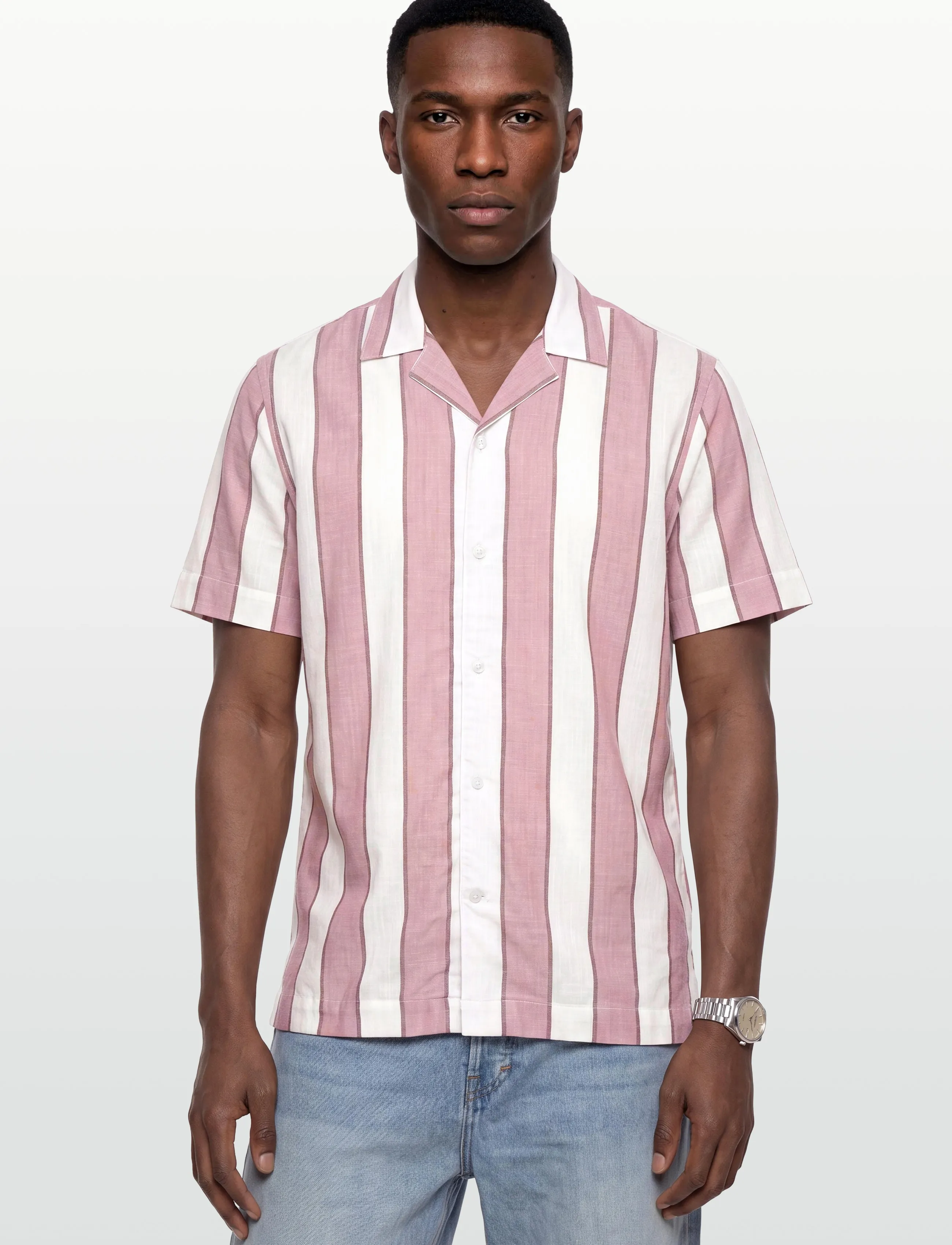 Lindbergh - Striped linen/cotton shirt S/S - linneskjortor - dusty rose - 3