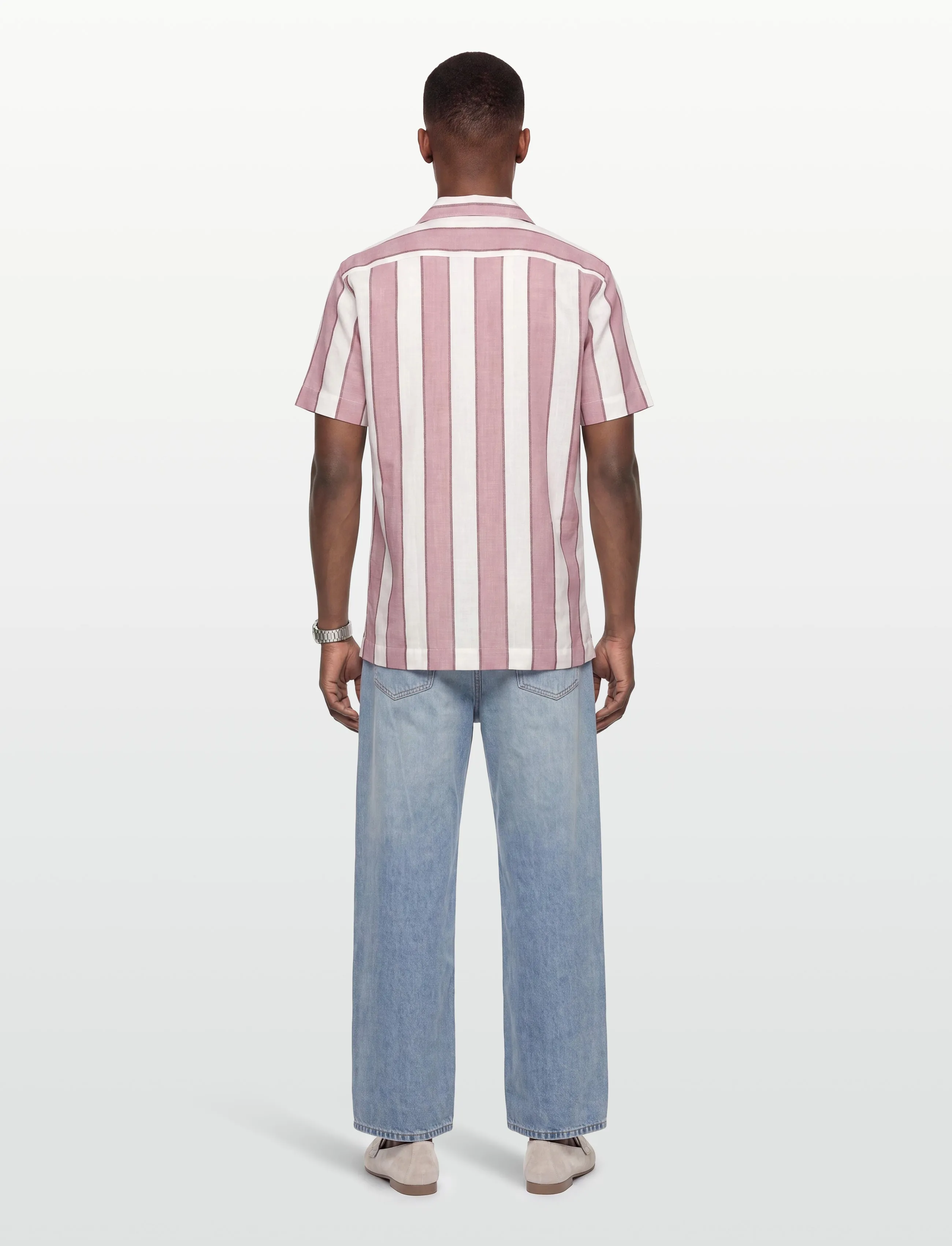 Lindbergh - Striped linen/cotton shirt S/S - linneskjortor - dusty rose - 4