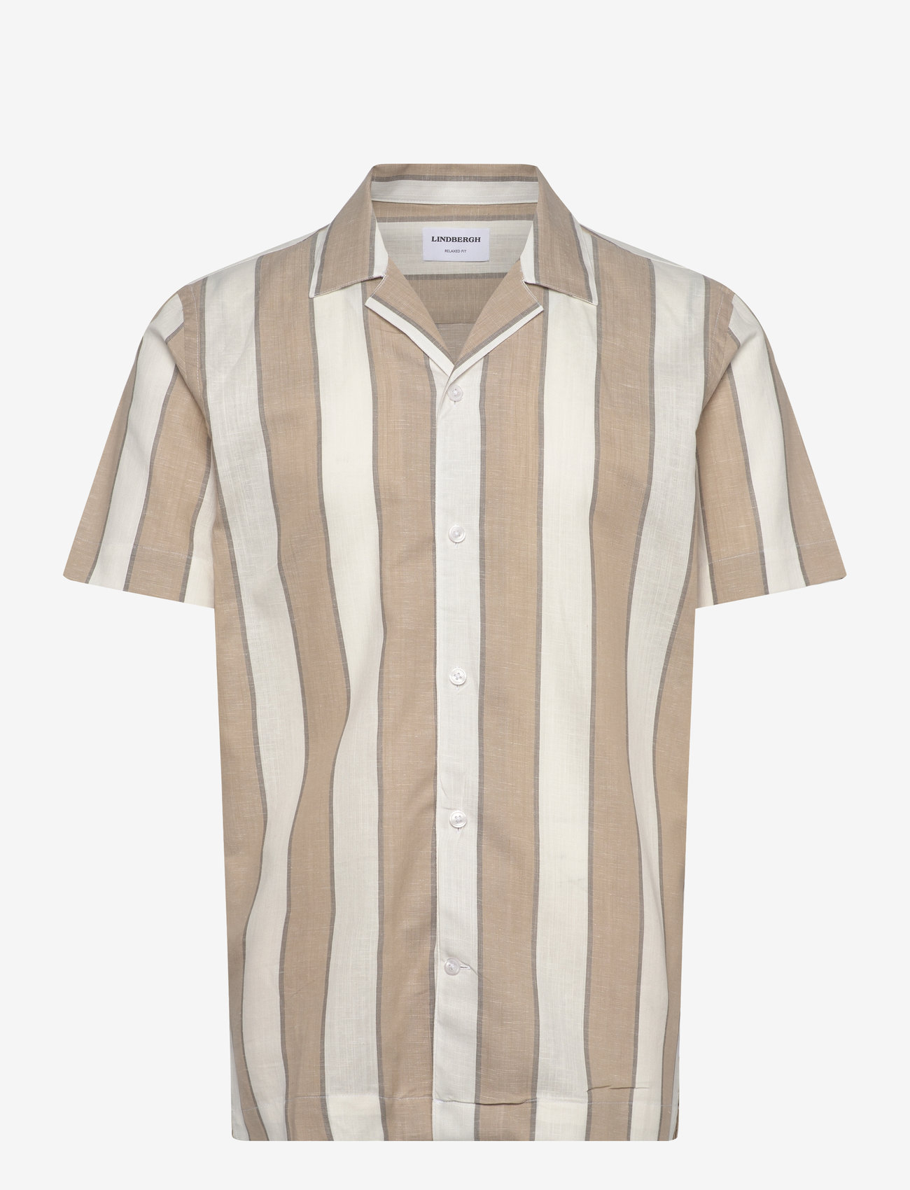 Lindbergh - Striped linen/cotton shirt S/S - hørskjorter - sand - 0