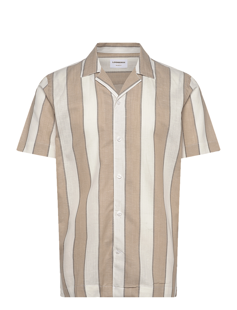 Lindbergh - Striped linen/cotton shirt S/S - hørskjorter - sand - 0