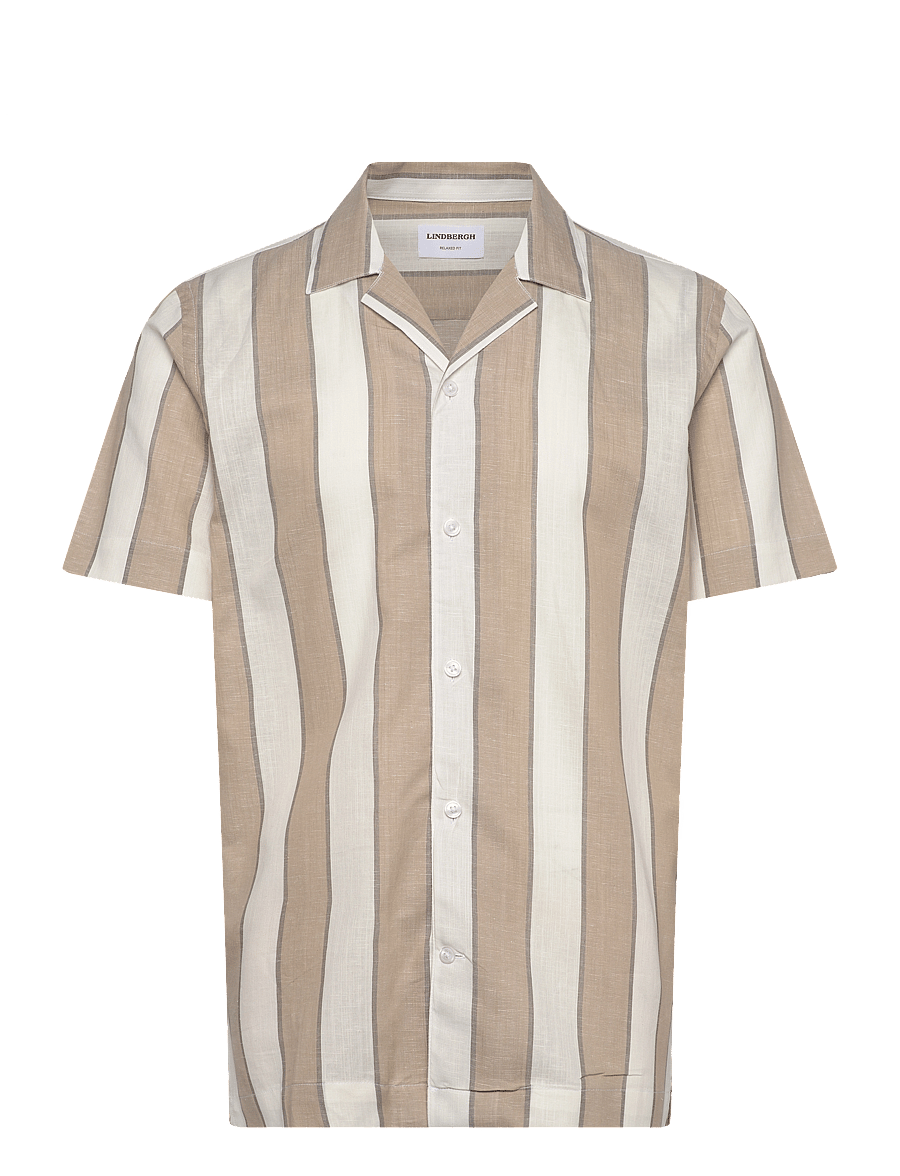 Lindbergh - Striped linen/cotton shirt S/S - hørskjorter - sand - 1