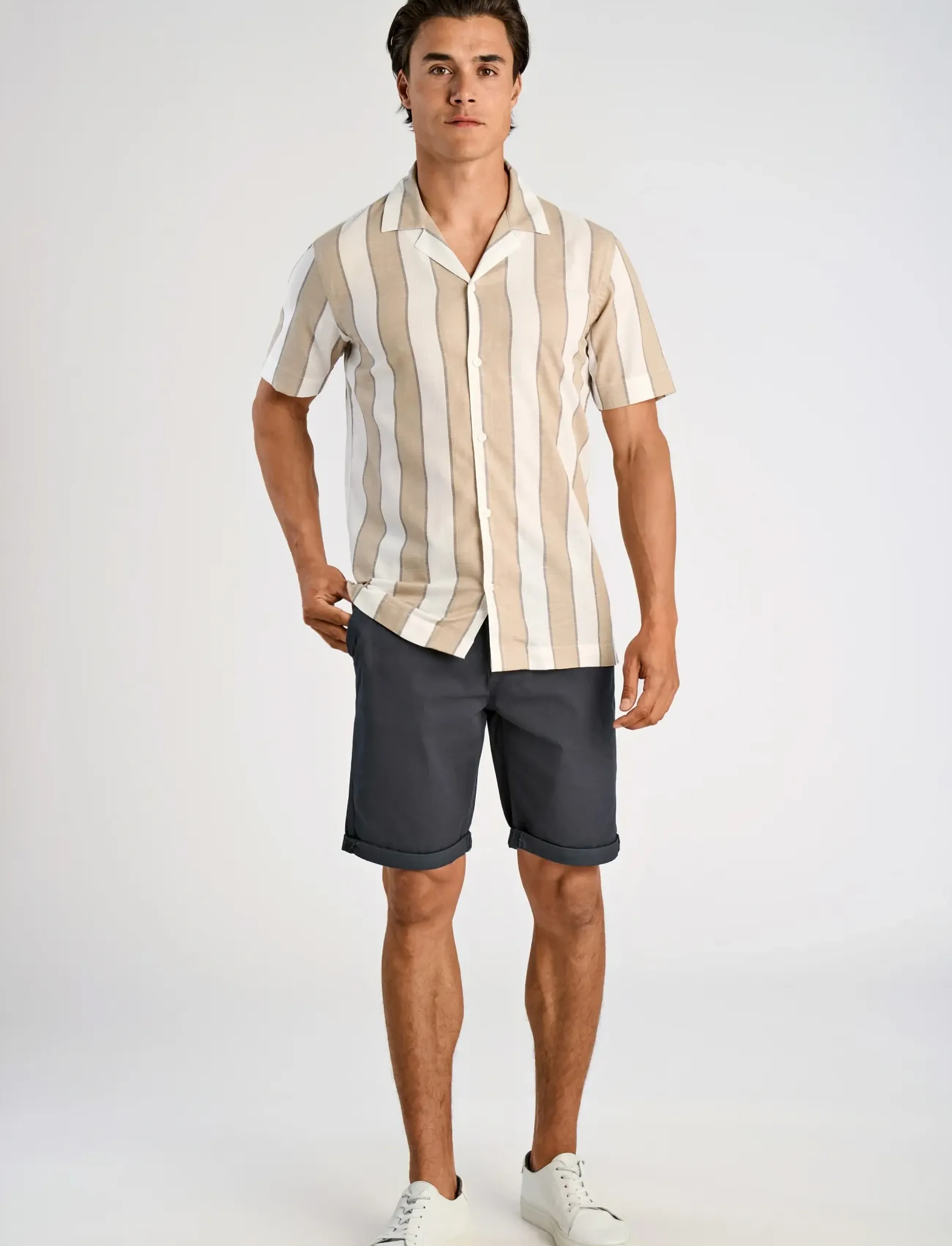 Lindbergh Striped Linen/Cotton Shirt S/S, Mænd, Stribet Kortærmet Camp Krave Skjorte, Beige, Str: L