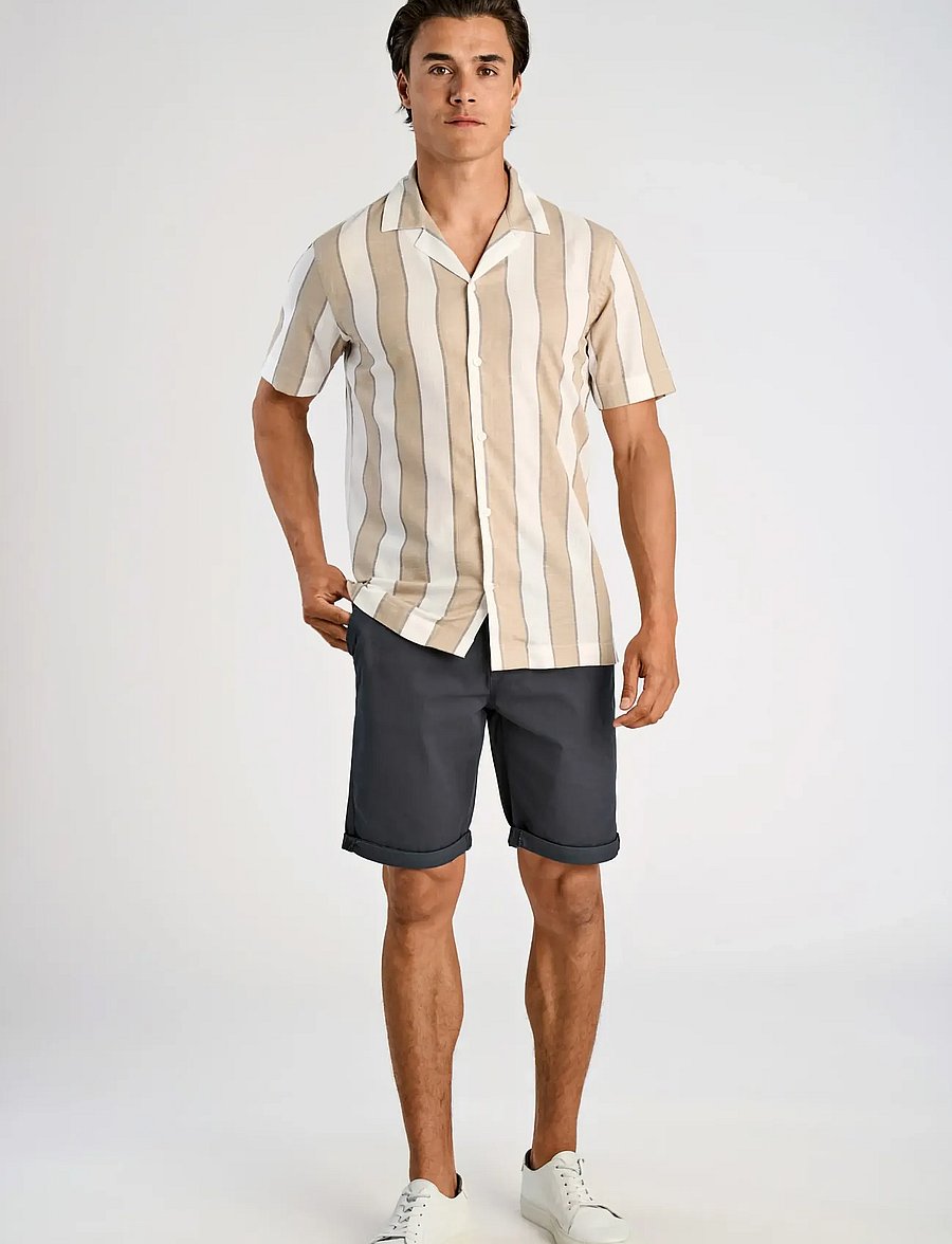 Lindbergh - Striped linen/cotton shirt S/S - hørskjorter - sand - 0