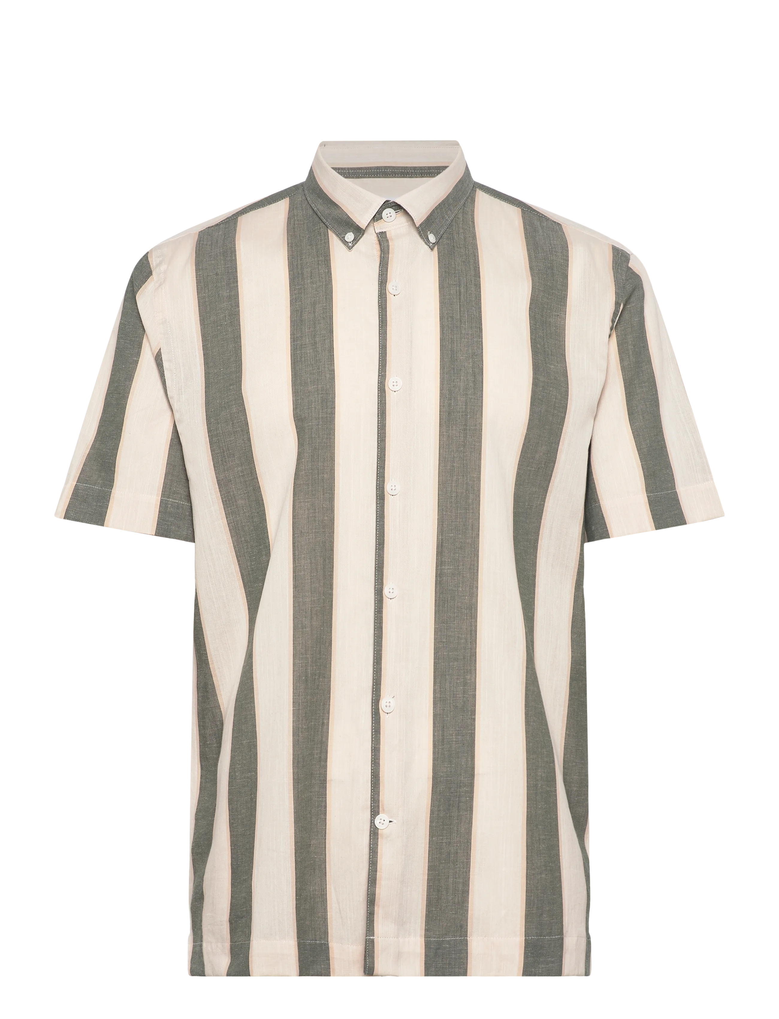 Lindbergh Striped linen/cotton shirt S/S - Nyheder - ARMY / cream