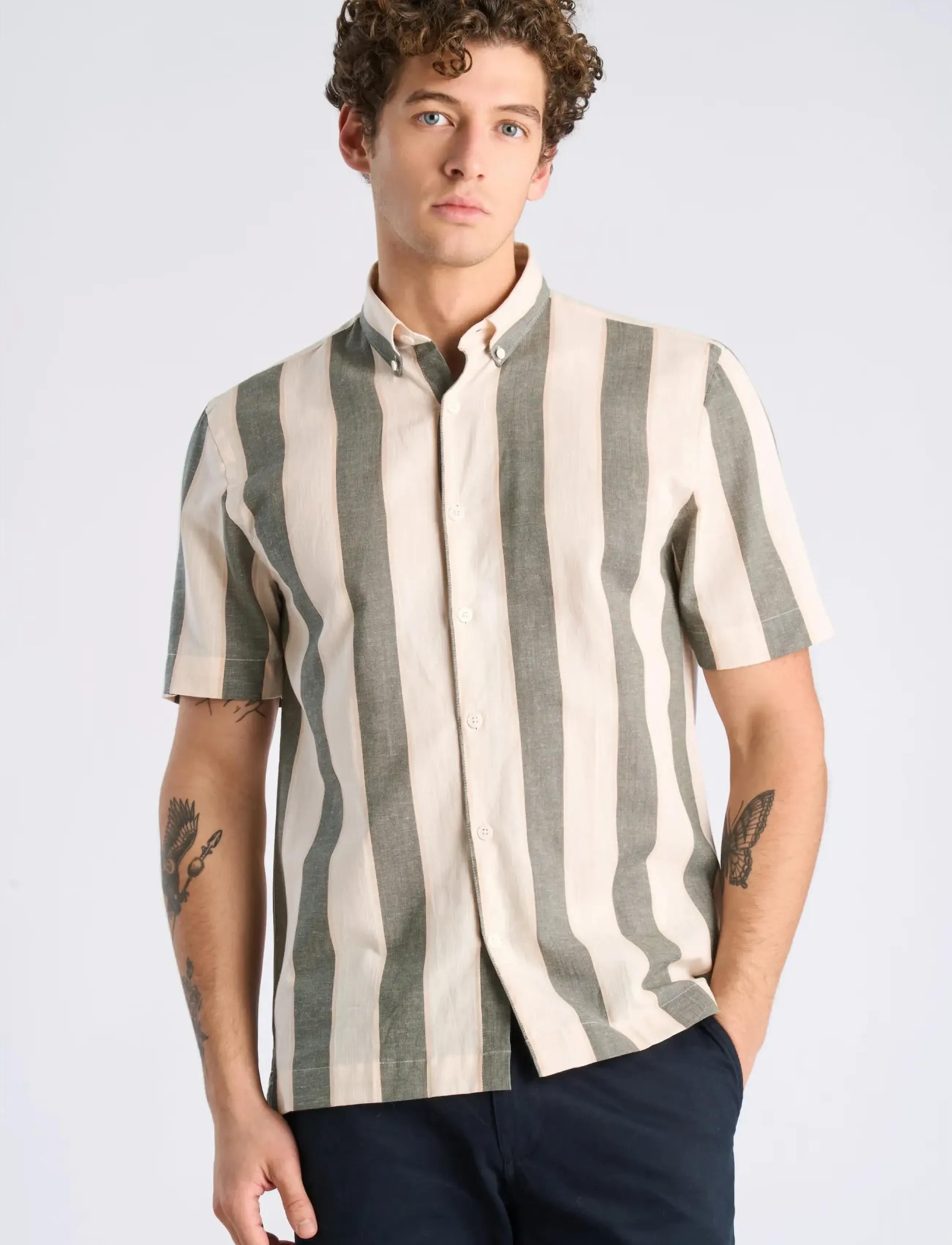Lindbergh - Striped linen/cotton shirt S/S - kurzarmhemden - army - 3