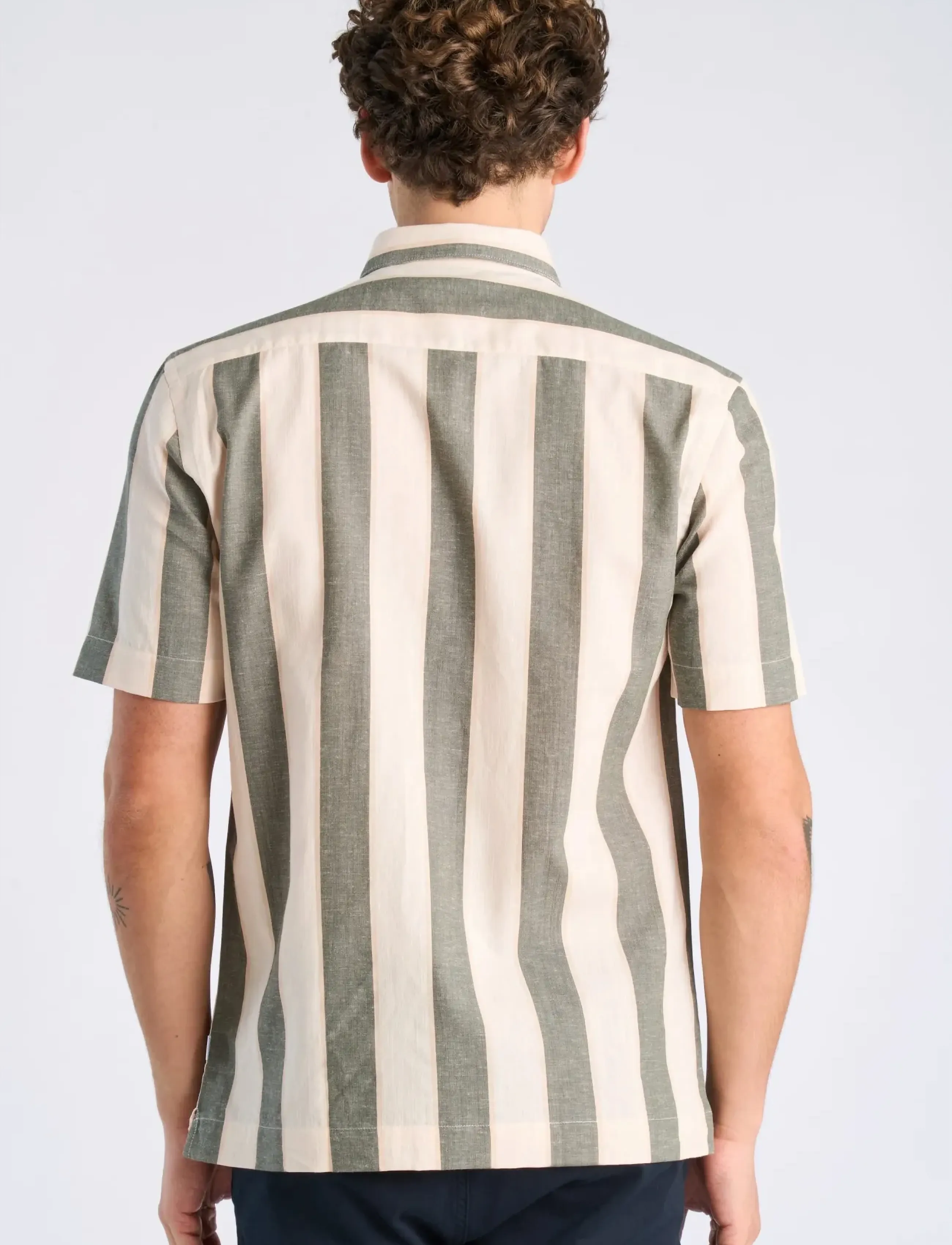 Lindbergh - Striped linen/cotton shirt S/S - kurzarmhemden - army - 4