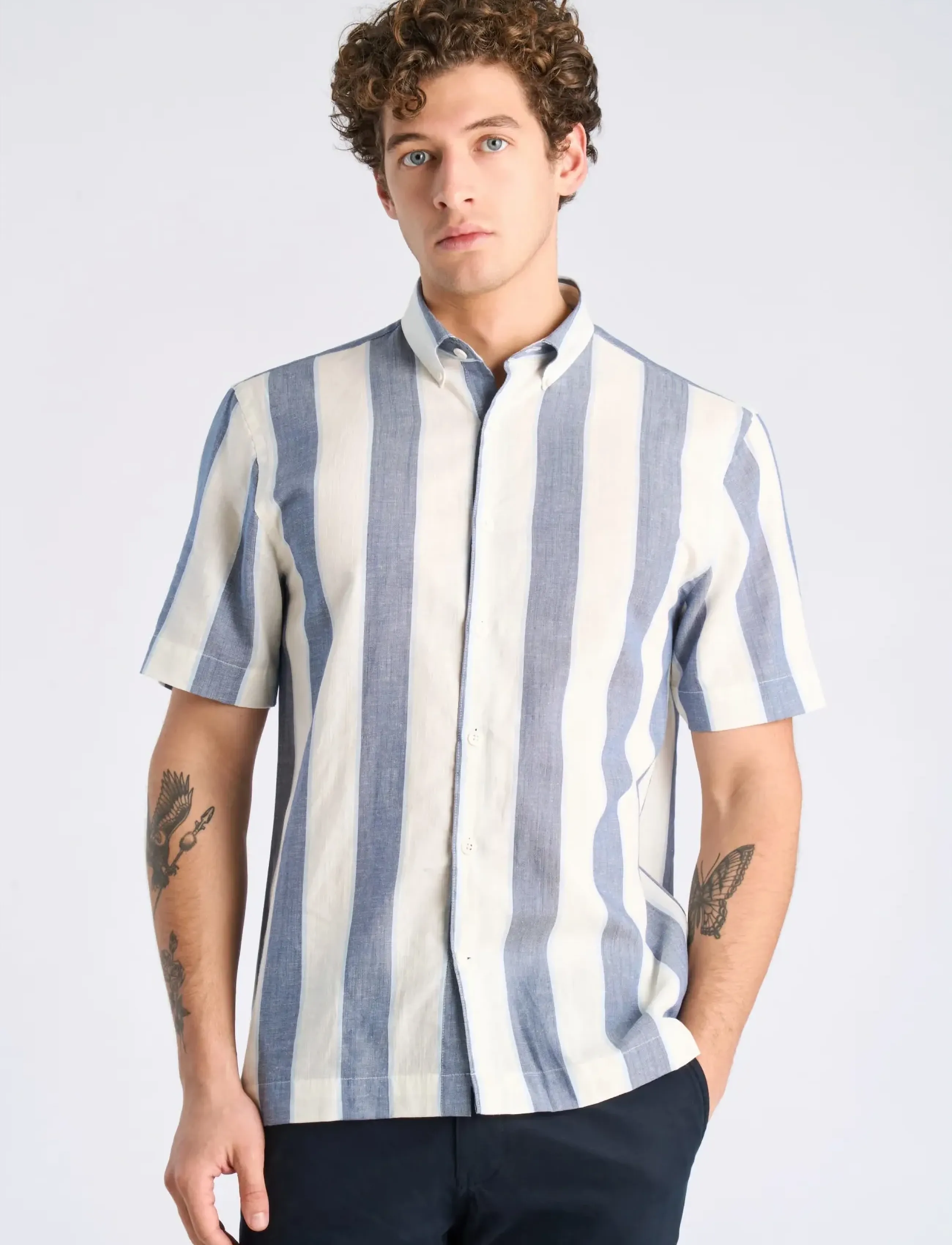 Lindbergh - Striped linen/cotton shirt S/S - kortærmede skjorter - dk blue - 3