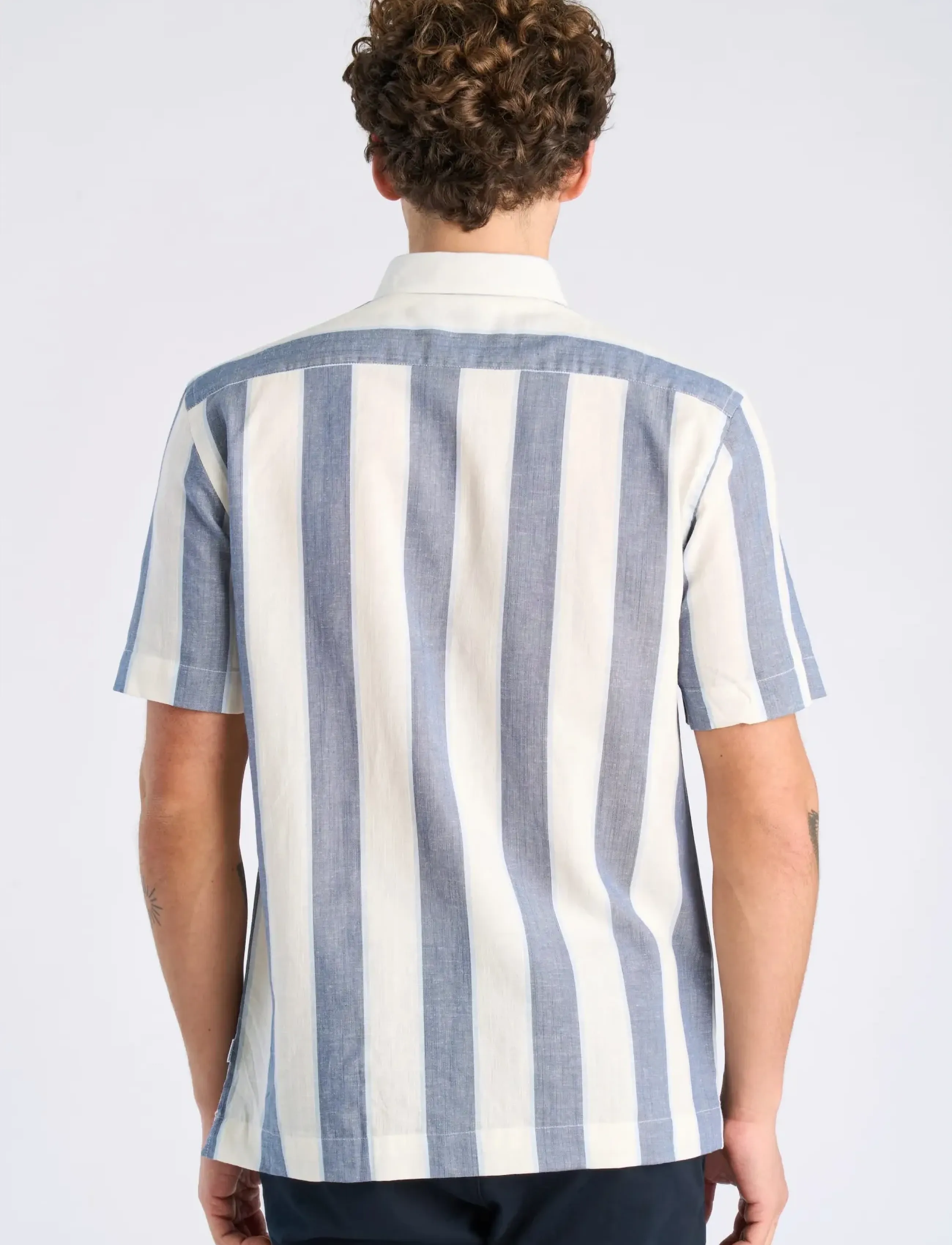 Lindbergh - Striped linen/cotton shirt S/S - kortærmede skjorter - dk blue - 4