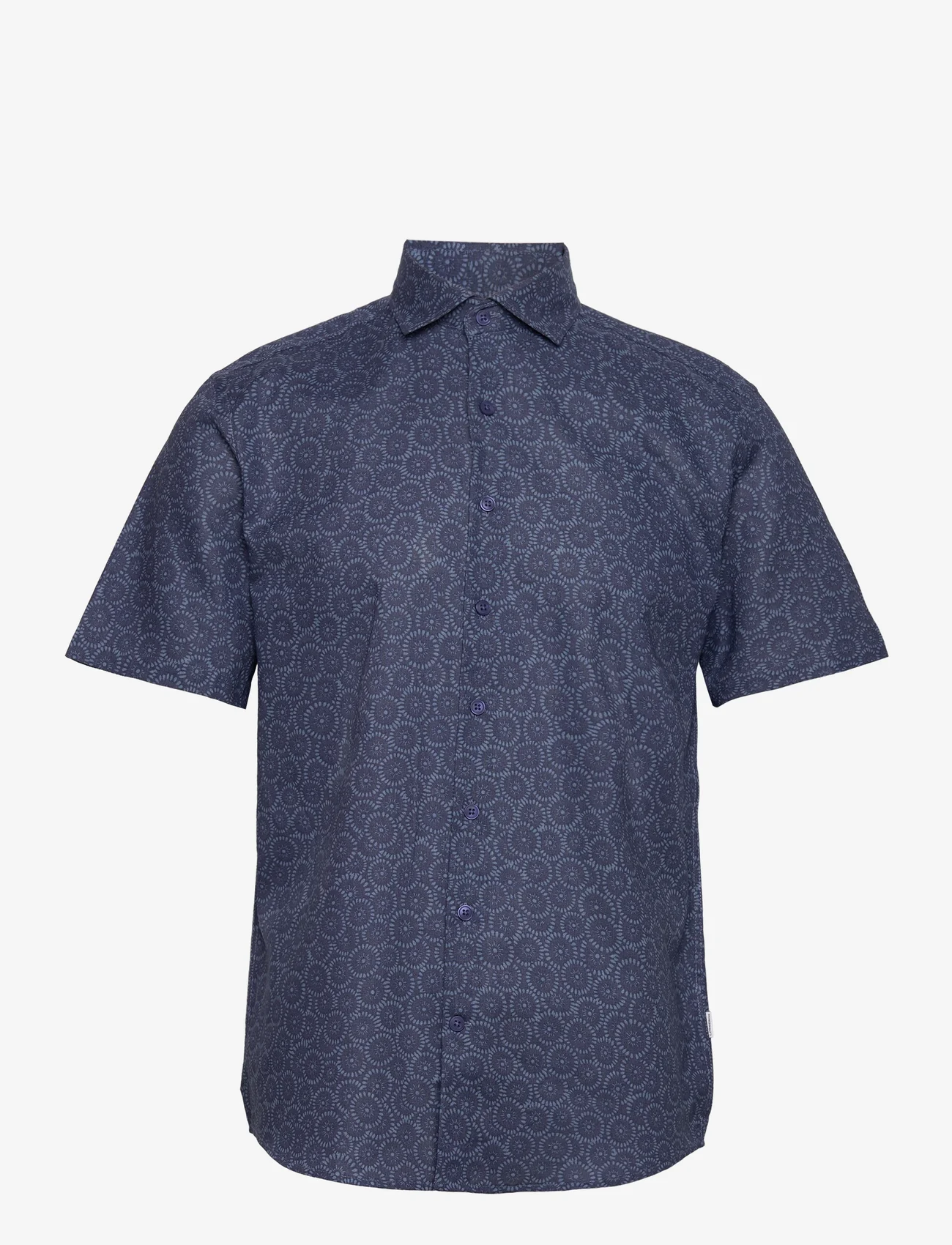 Lindbergh - AOP linen/cotton shirt S/S - linneskjortor - dk blue - 0