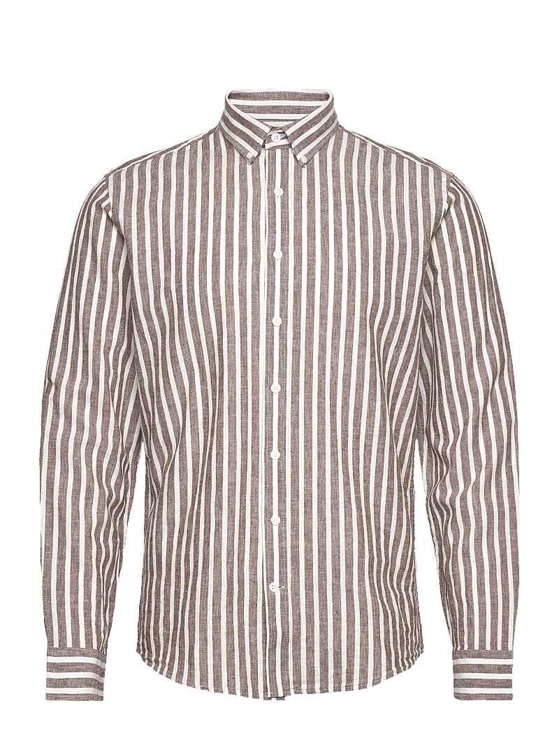 Lindbergh - Wide striped cotton/linen shirt L/S - gestreifte hemden - brown - 0