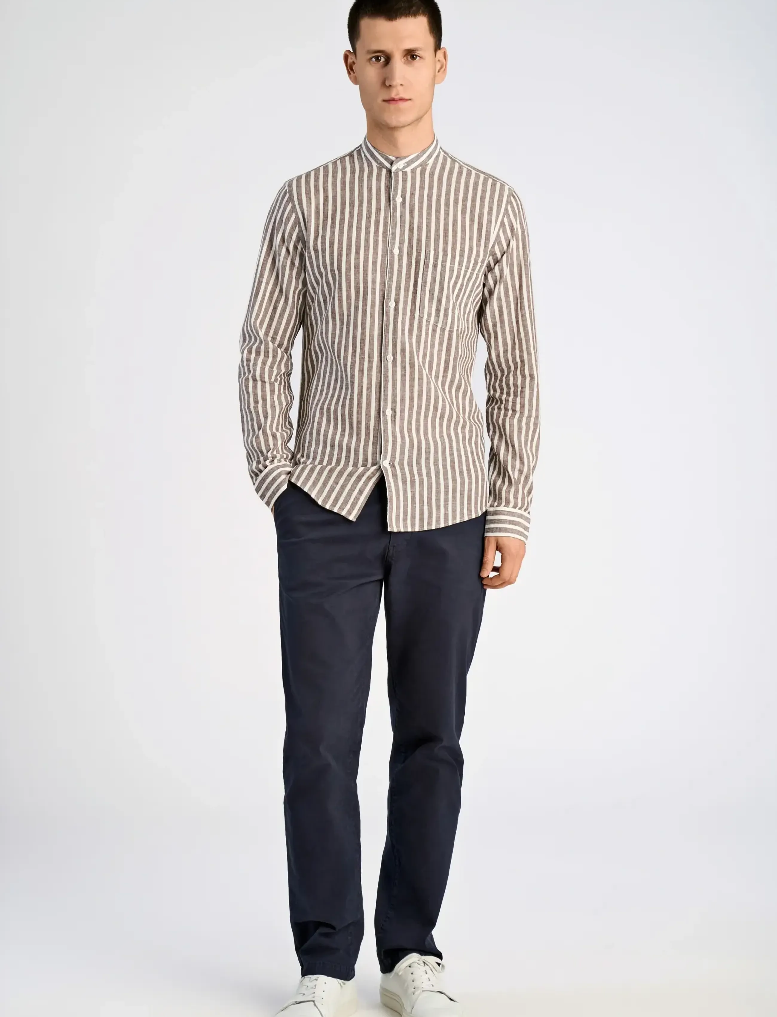 Lindbergh Wide striped cotton/linen shirt L/S - Linen shirts - BROWN / multi