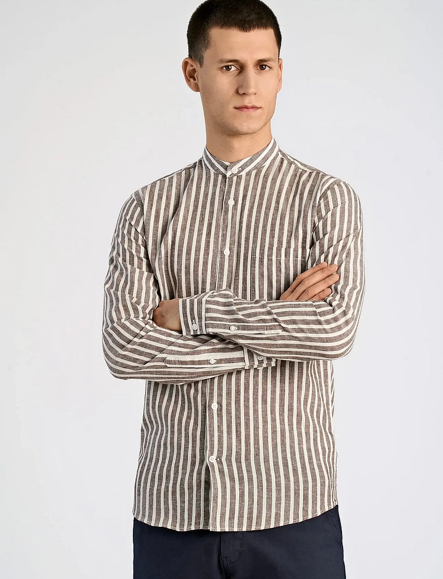 Lindbergh - Wide striped cotton/linen shirt L/S - stribede skjorter - brown - 3
