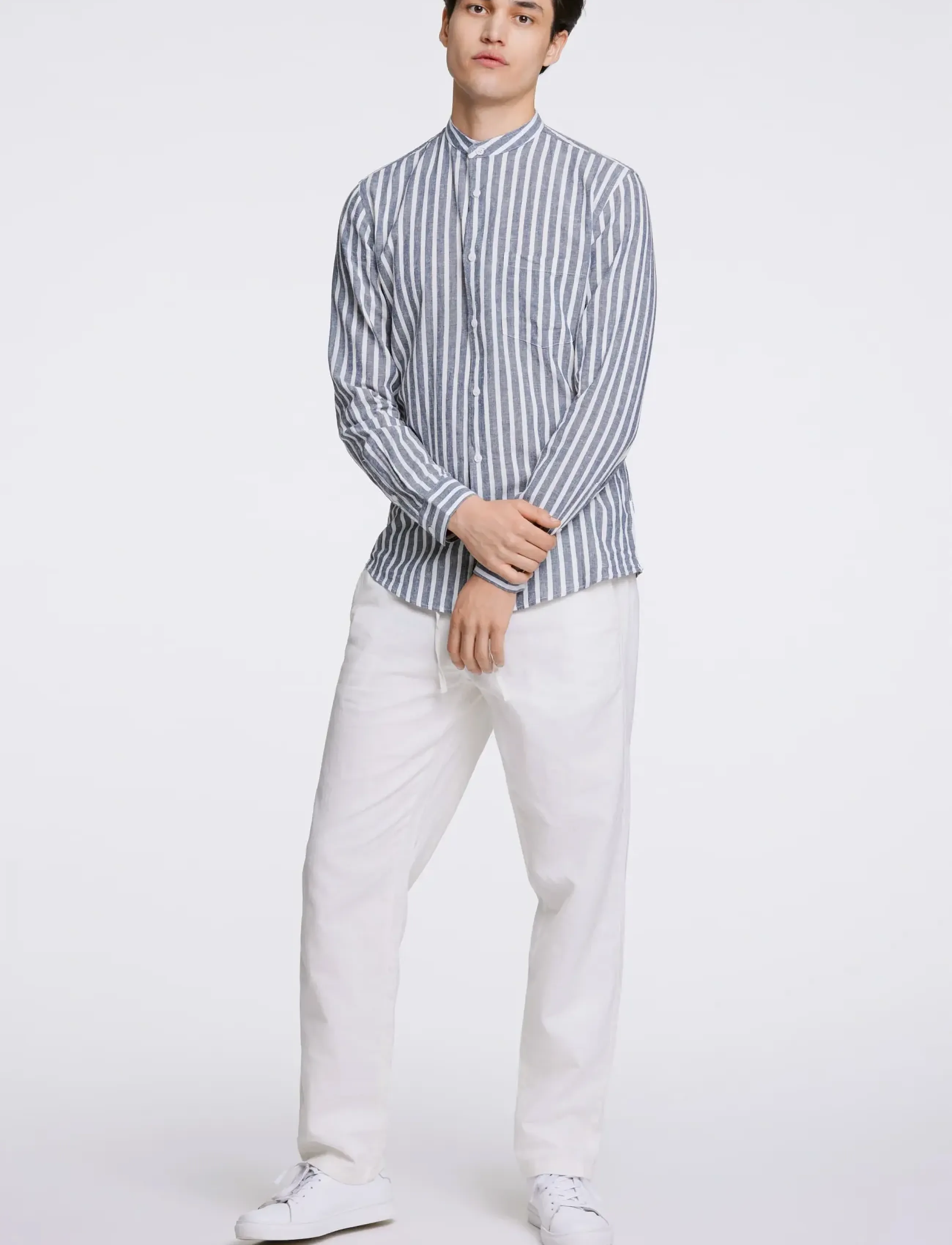 Lindbergh Wide striped cotton/linen shirt L/S - Riided - DK BLUE / multi