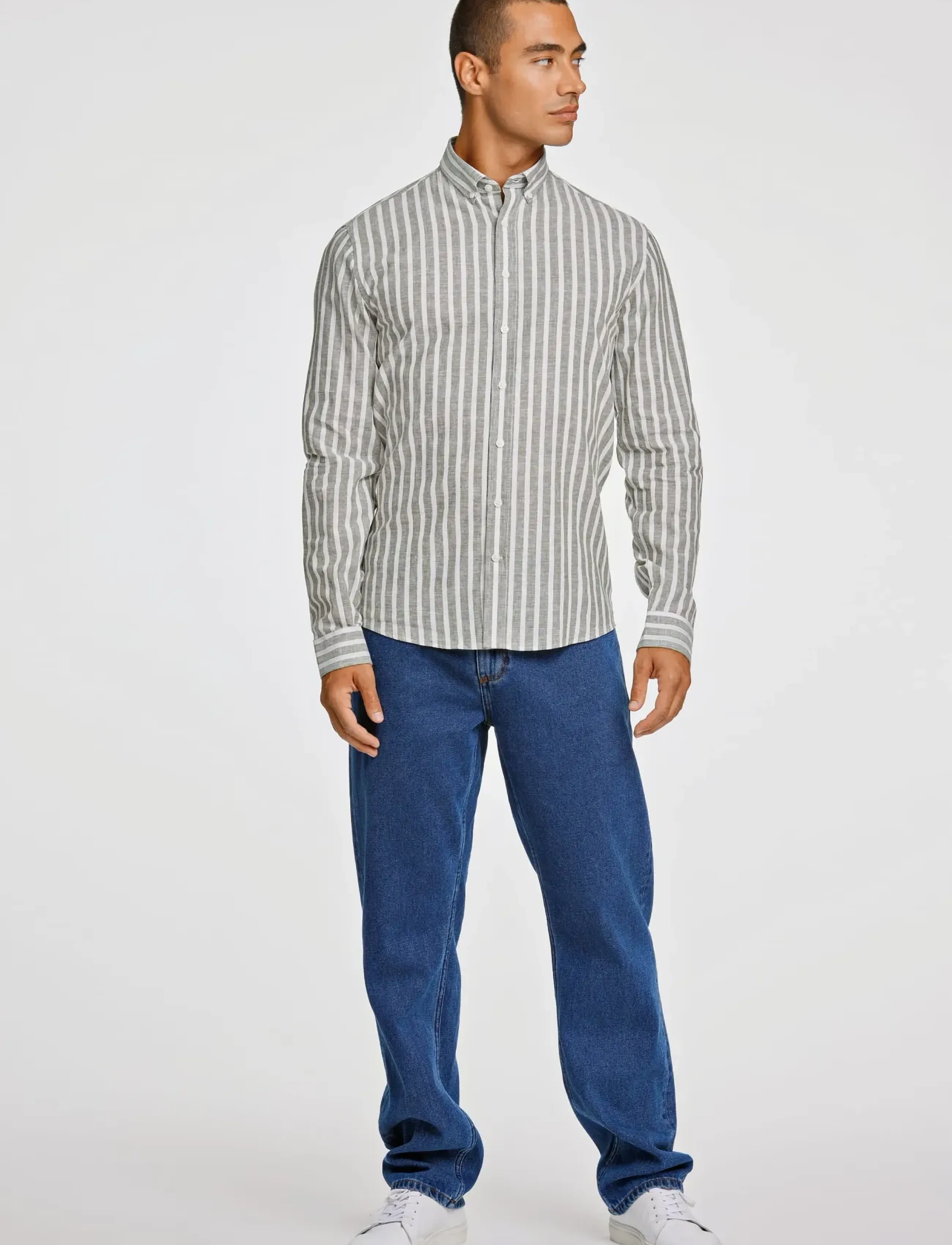 Lindbergh Wide striped cotton/linen shirt L/S - Stribede skjorter - ARMY / khaki/green