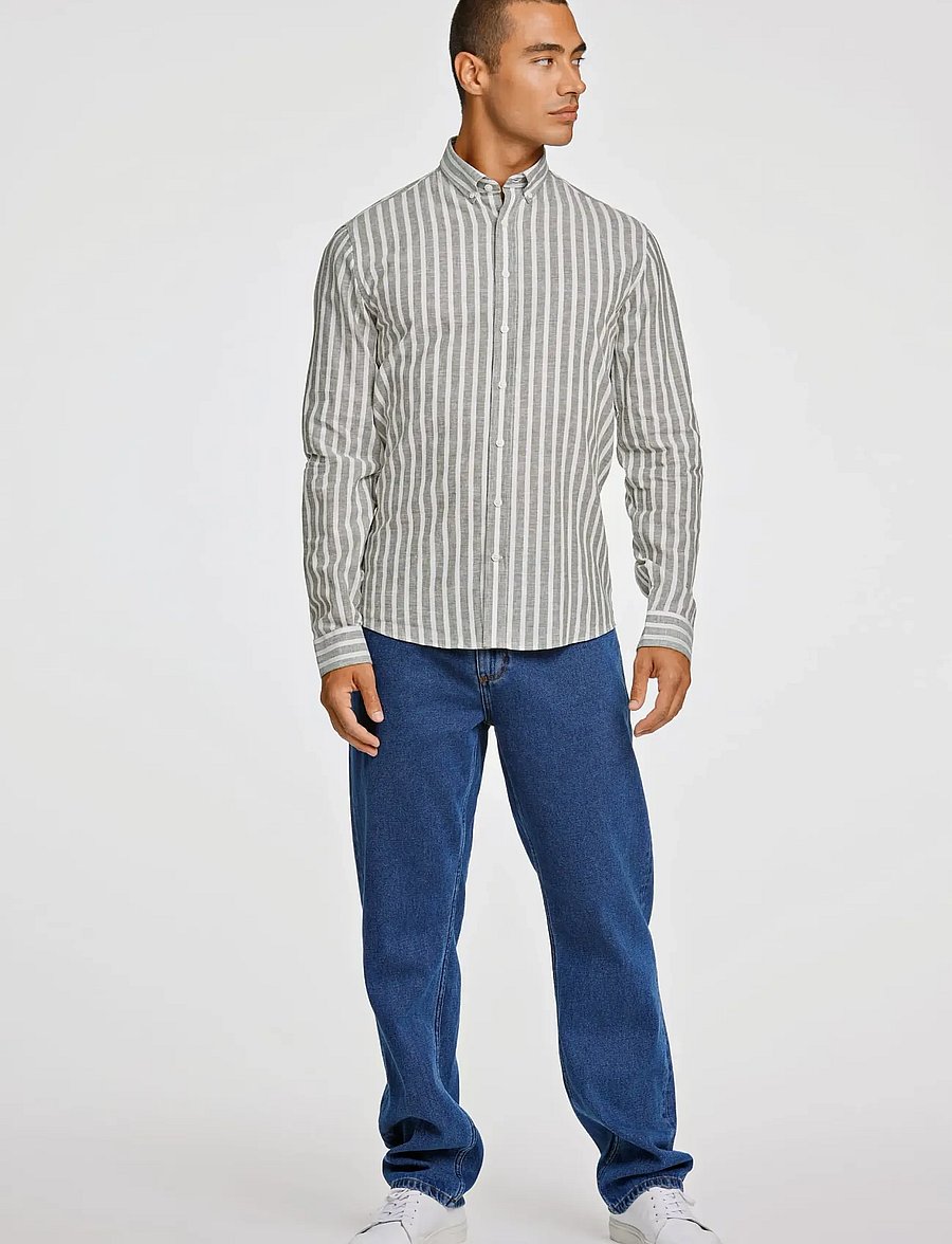 Lindbergh - Wide striped cotton/linen shirt L/S - dryžuoti marškiniai - army - 0
