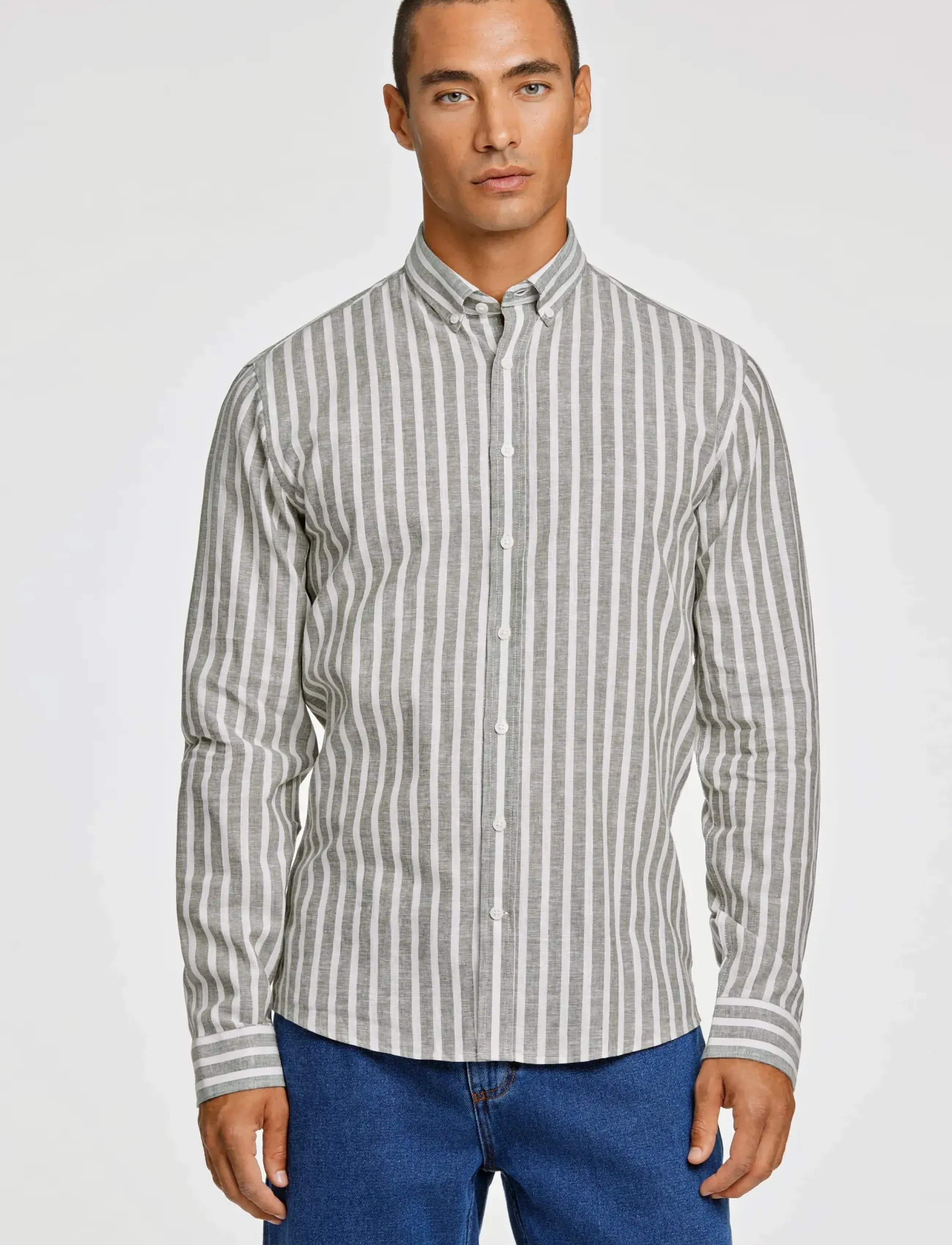 Lindbergh - Wide striped cotton/linen shirt L/S - dryžuoti marškiniai - army - 3