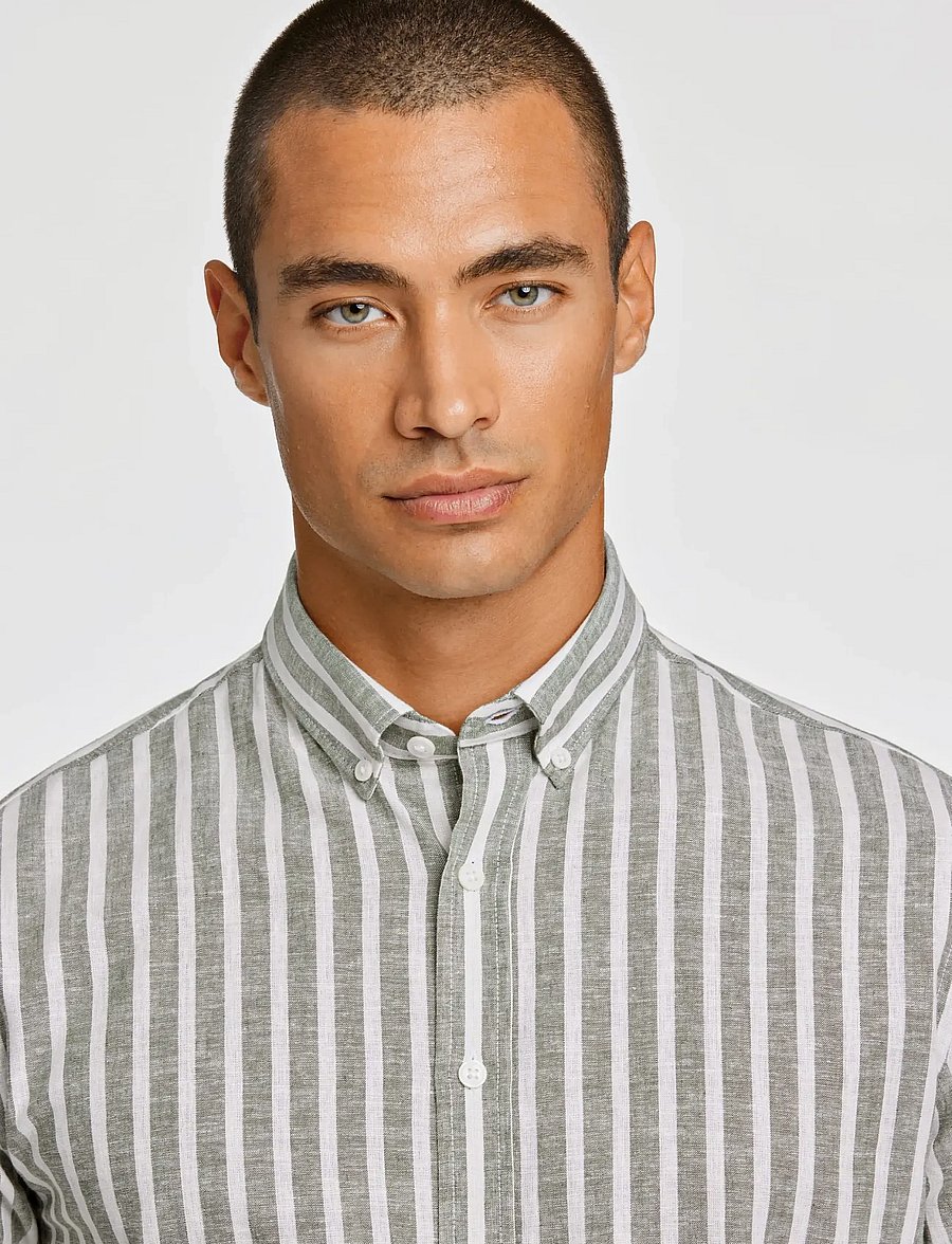 Lindbergh - Wide striped cotton/linen shirt L/S - dryžuoti marškiniai - army - 5