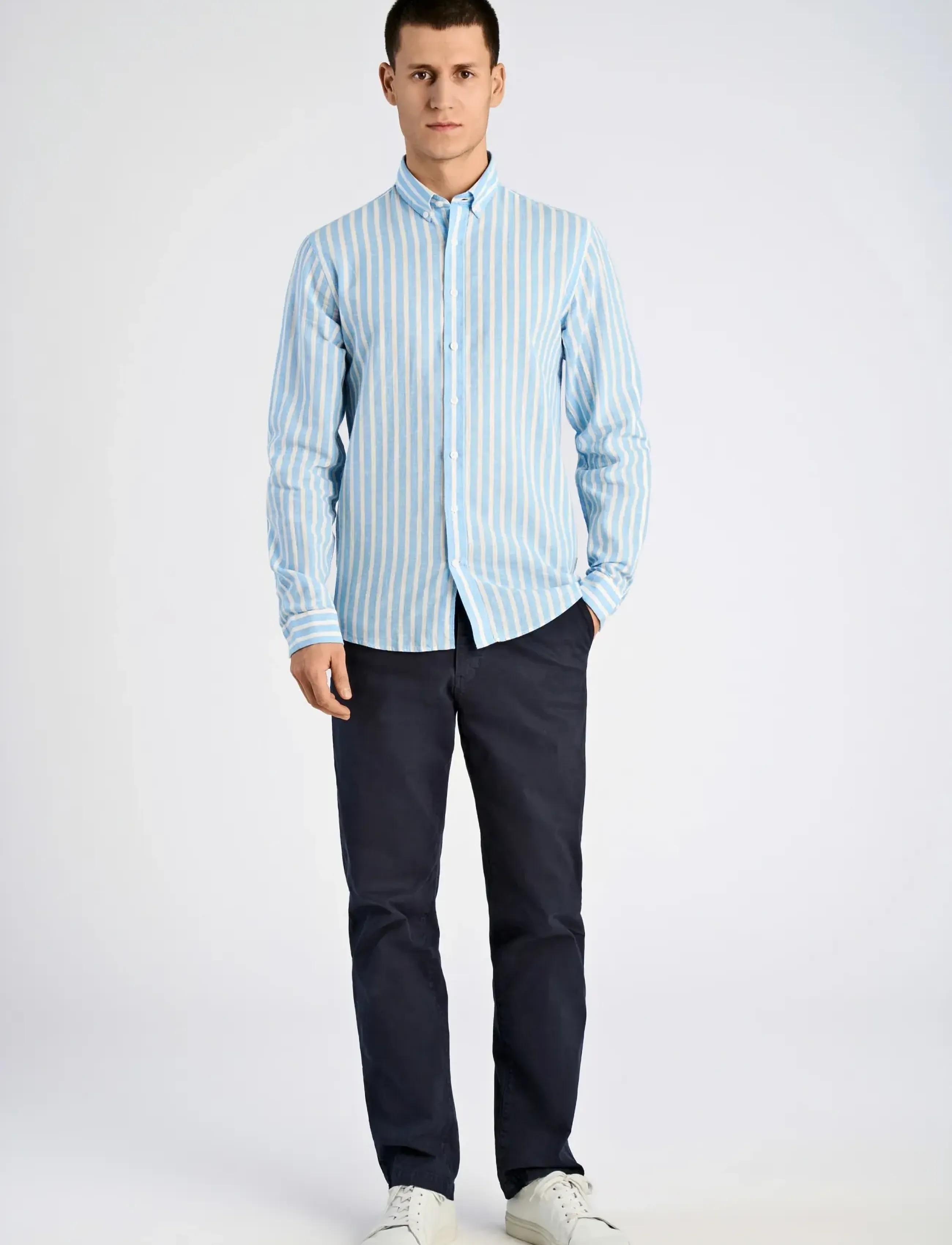 Lindbergh Wide striped cotton/linen shirt L/S - Stribede skjorter - BLUE / blue
