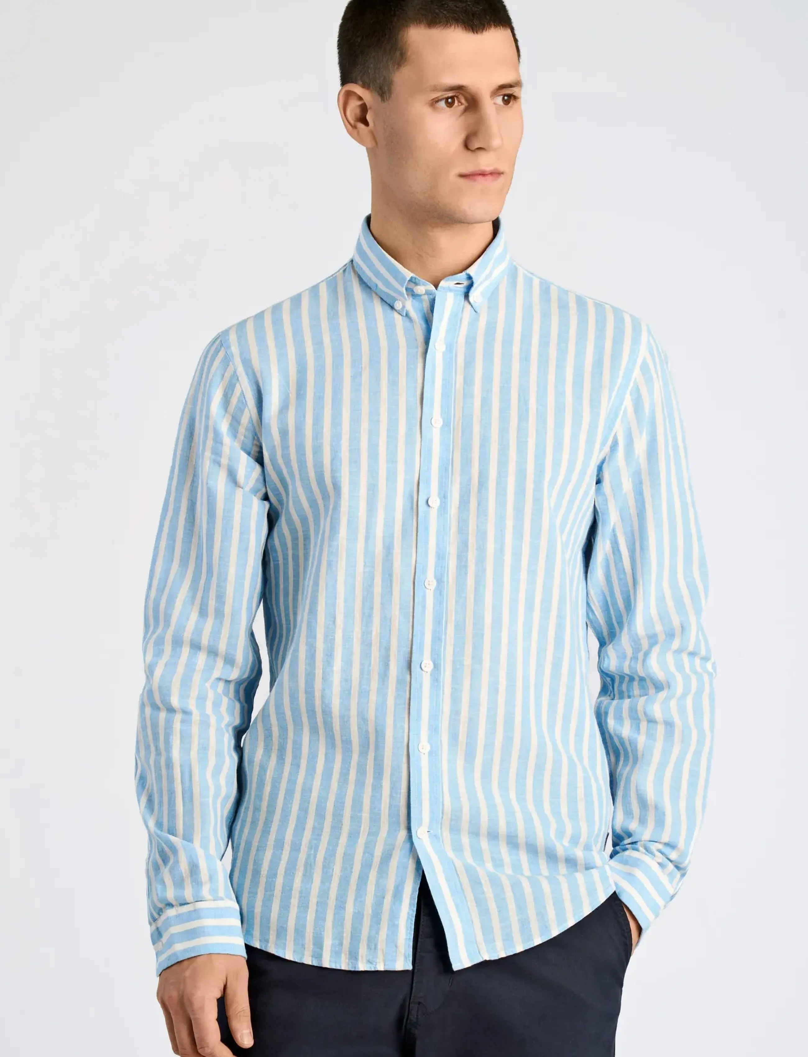 Lindbergh - Wide striped cotton/linen shirt L/S - stribede skjorter - blue - 3