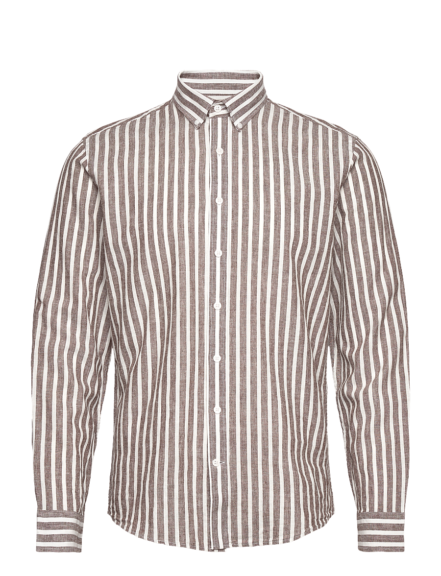 Lindbergh - Wide striped cotton/linen shirt L/S - gestreifte hemden - brown - 1
