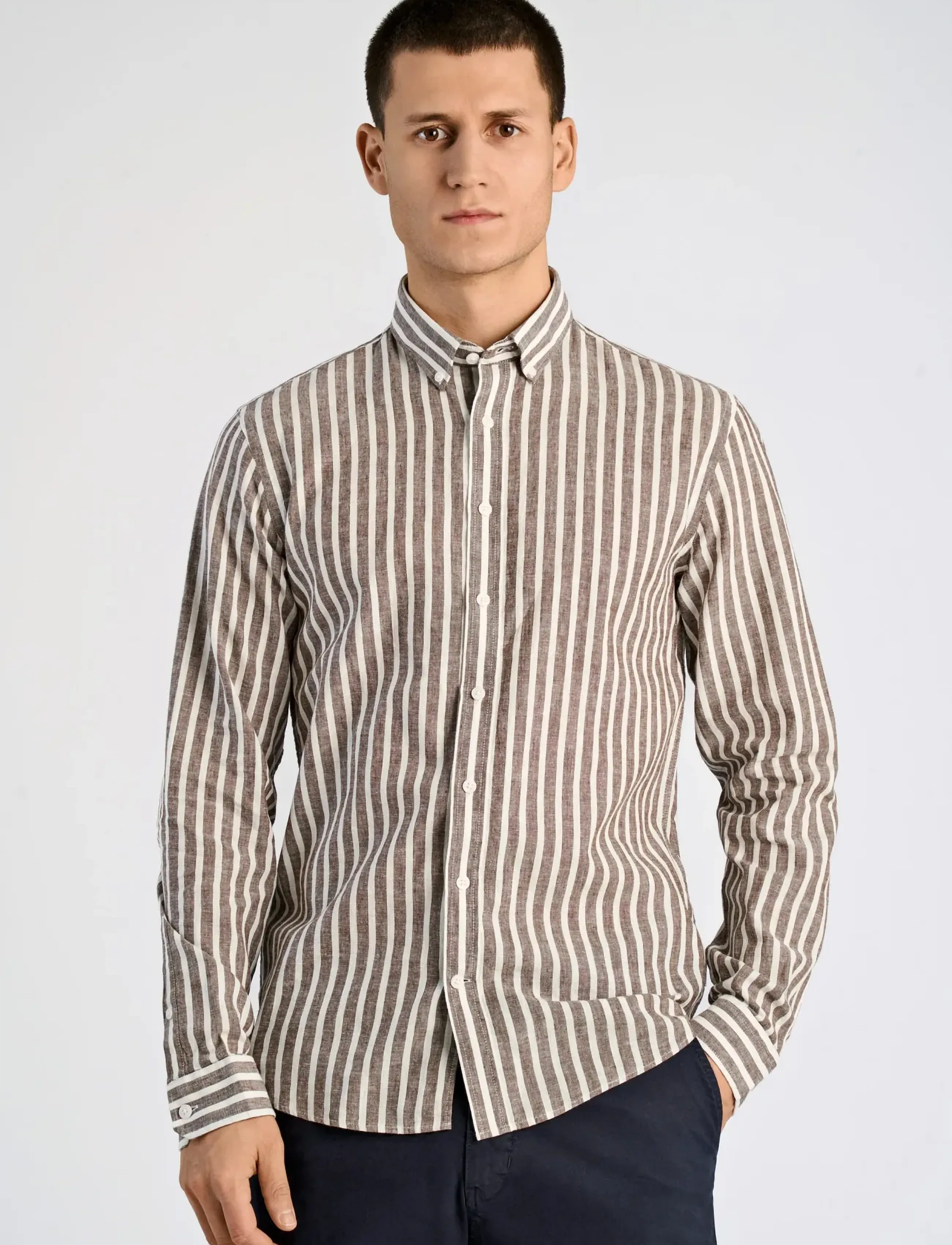 Lindbergh - Wide striped cotton/linen shirt L/S - stribede skjorter - brown - 3