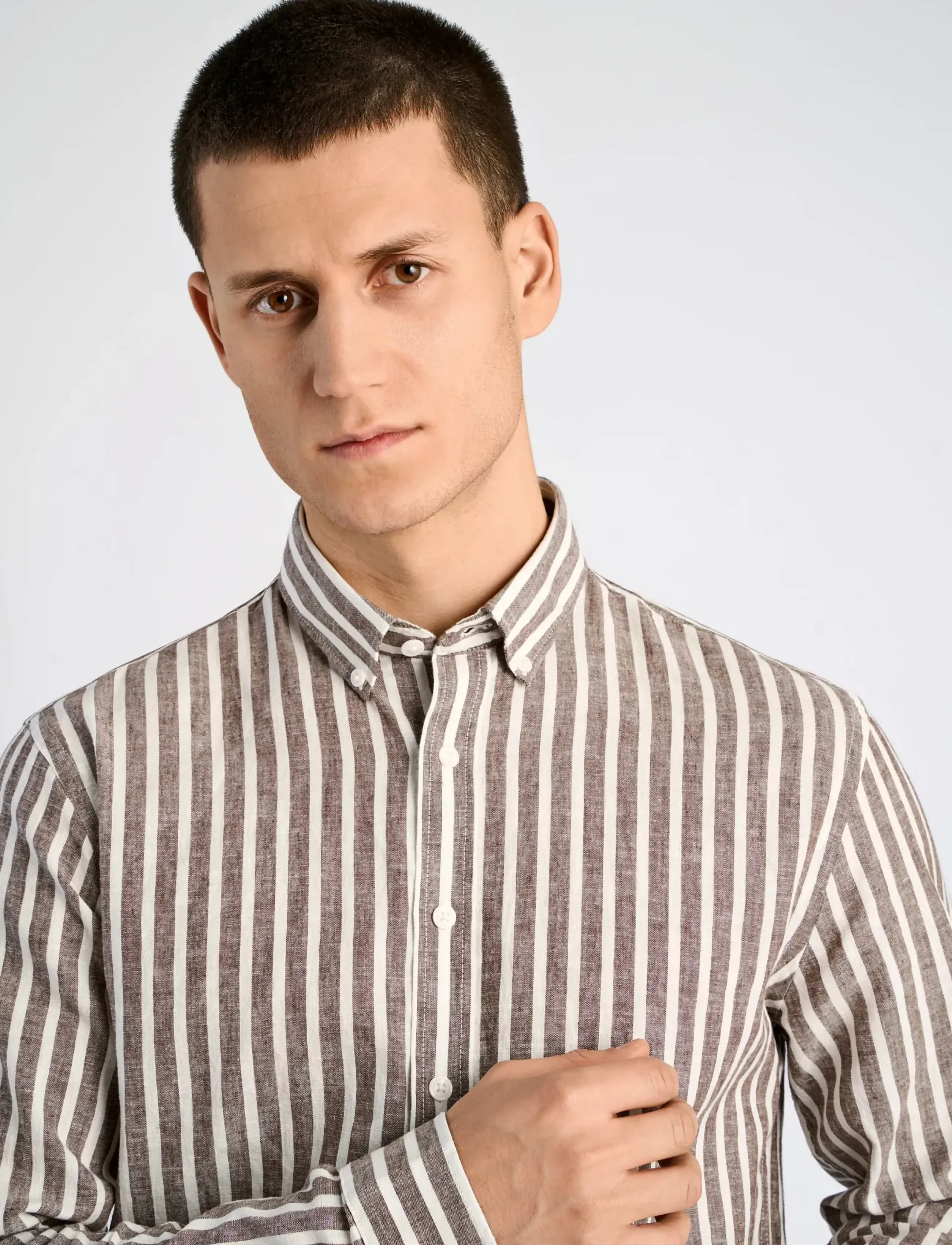 Lindbergh - Wide striped cotton/linen shirt L/S - stribede skjorter - brown - 5