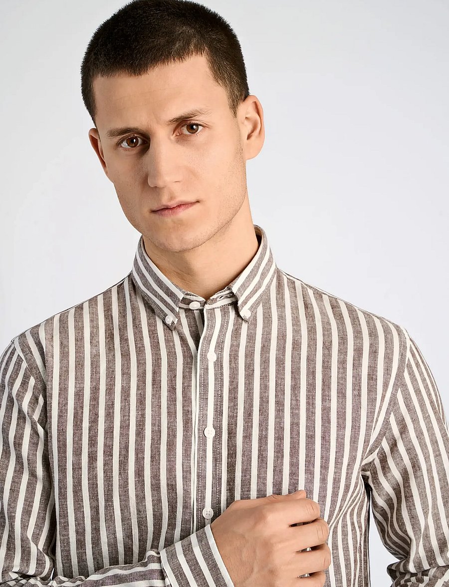 Lindbergh - Wide striped cotton/linen shirt L/S - gestreifte hemden - brown - 5