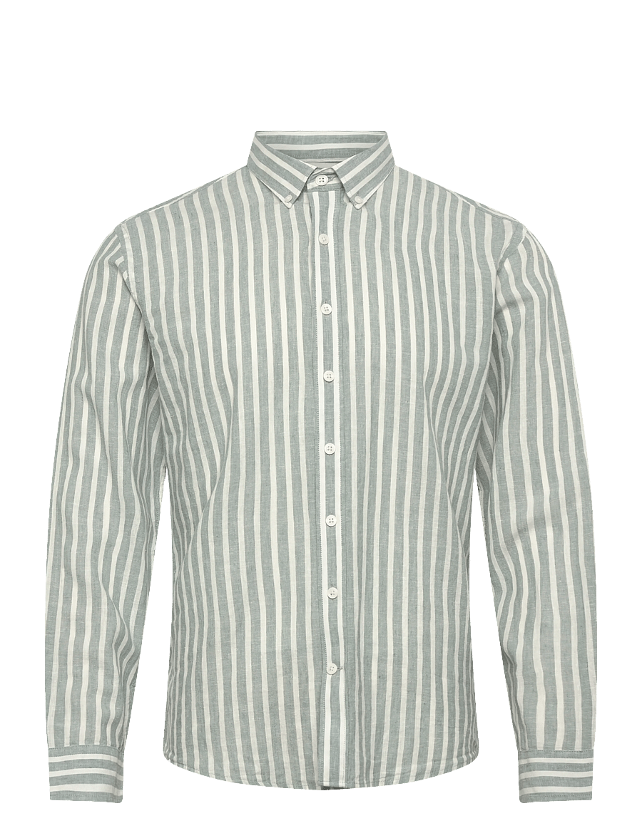 Lindbergh - Wide striped cotton/linen shirt L/S - stribede skjorter - dk aqua - 1