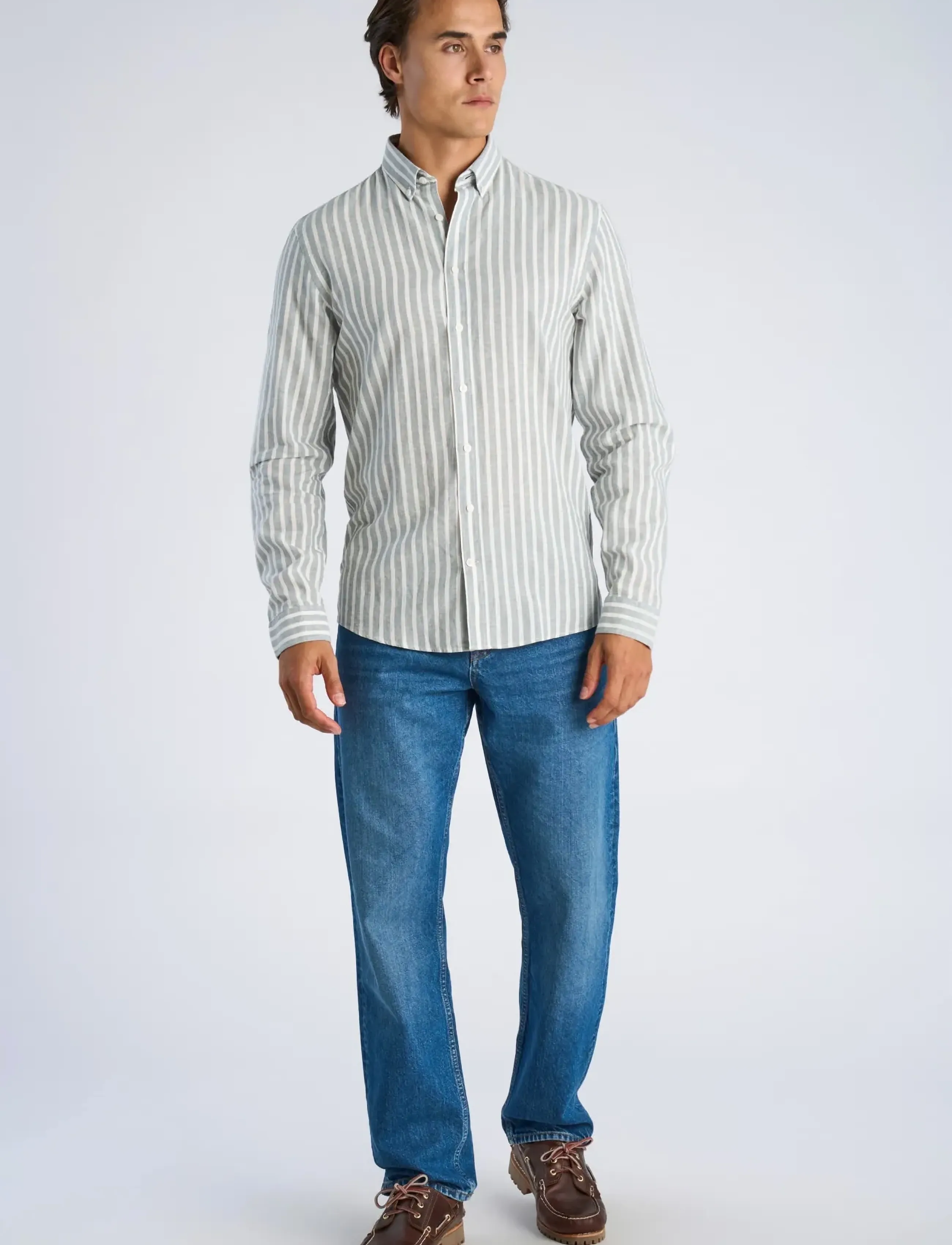 Lindbergh Wide striped cotton/linen shirt L/S - Tøj - DK AQUA / green