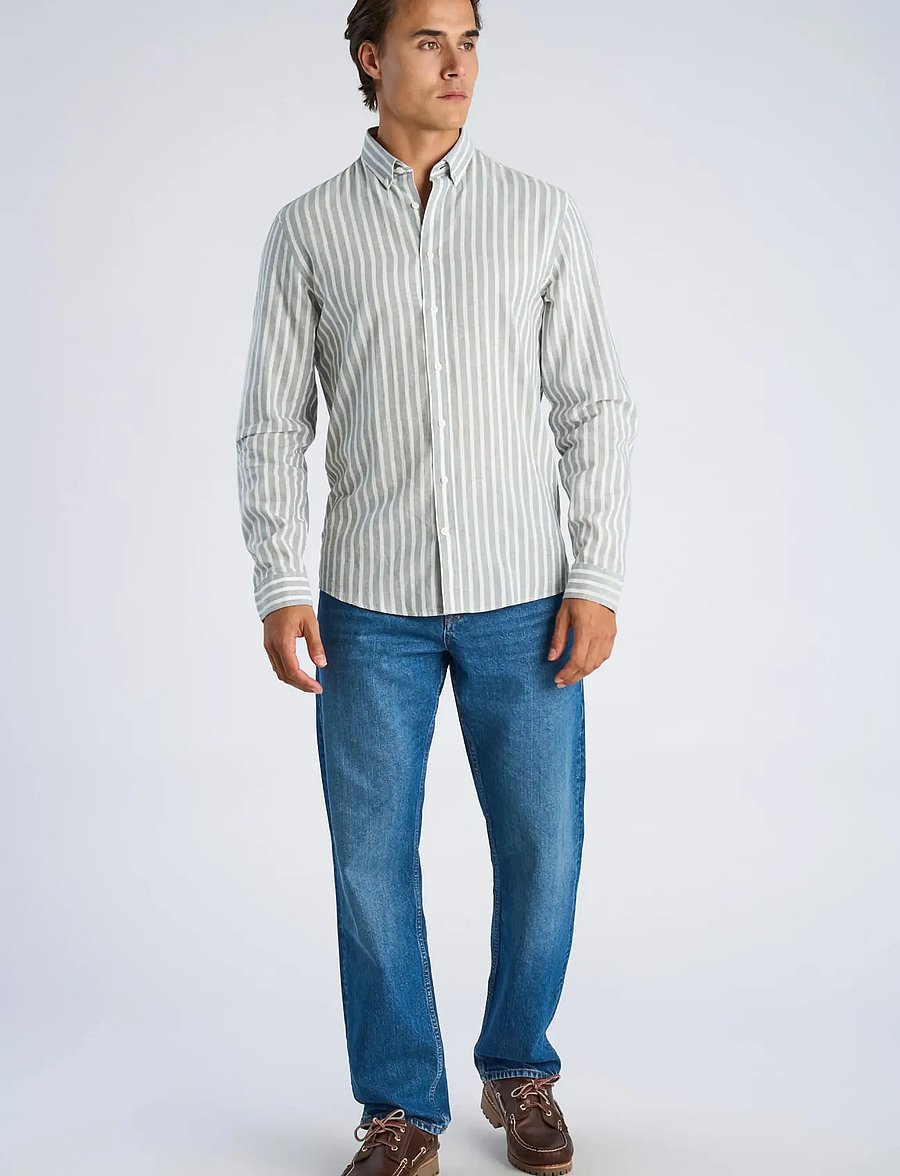 Lindbergh - Wide striped cotton/linen shirt L/S - stribede skjorter - dk aqua - 0
