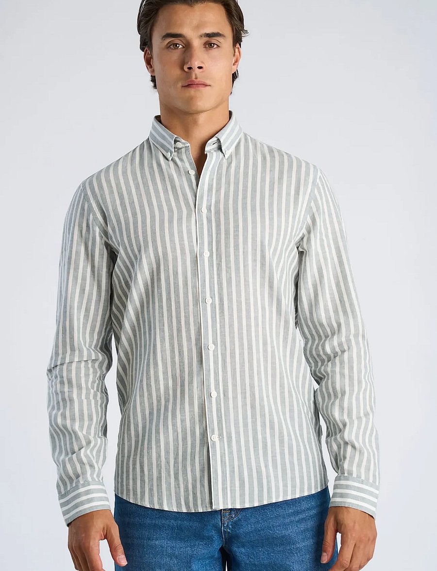 Lindbergh - Wide striped cotton/linen shirt L/S - stribede skjorter - dk aqua - 3