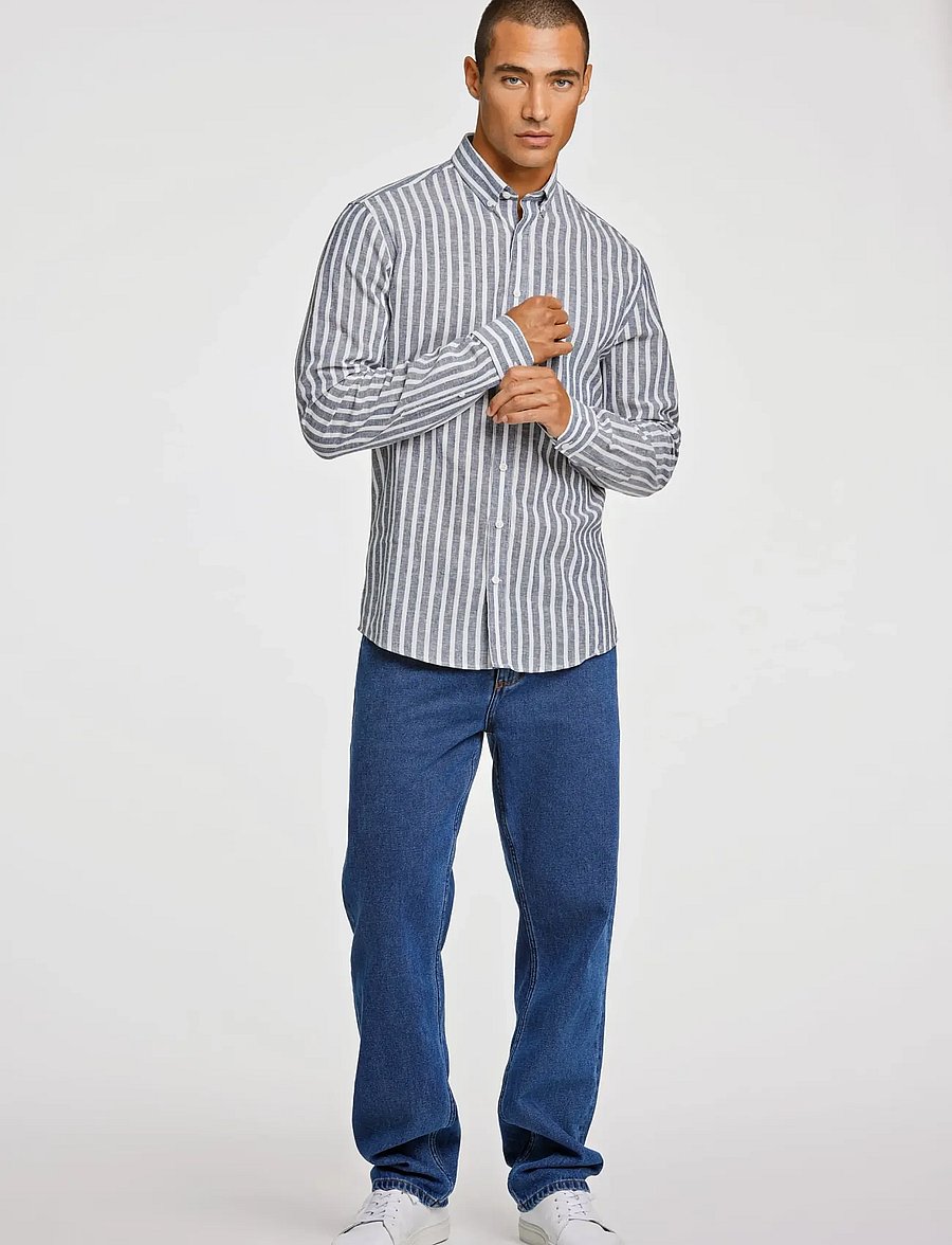 Lindbergh - Wide striped cotton/linen shirt L/S - stribede skjorter - dk blue - 0
