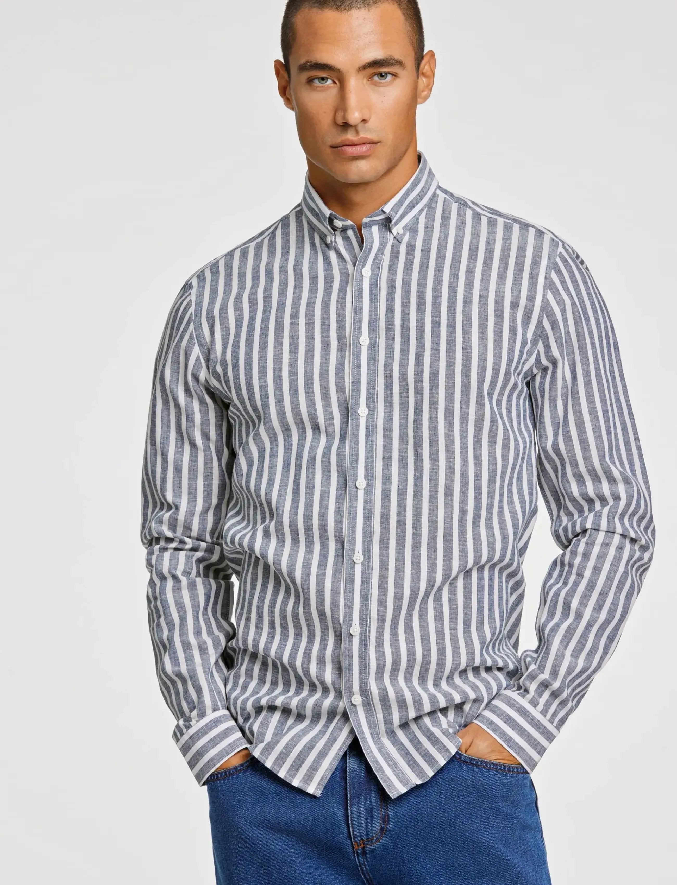 Lindbergh - Wide striped cotton/linen shirt L/S - stribede skjorter - dk blue - 3